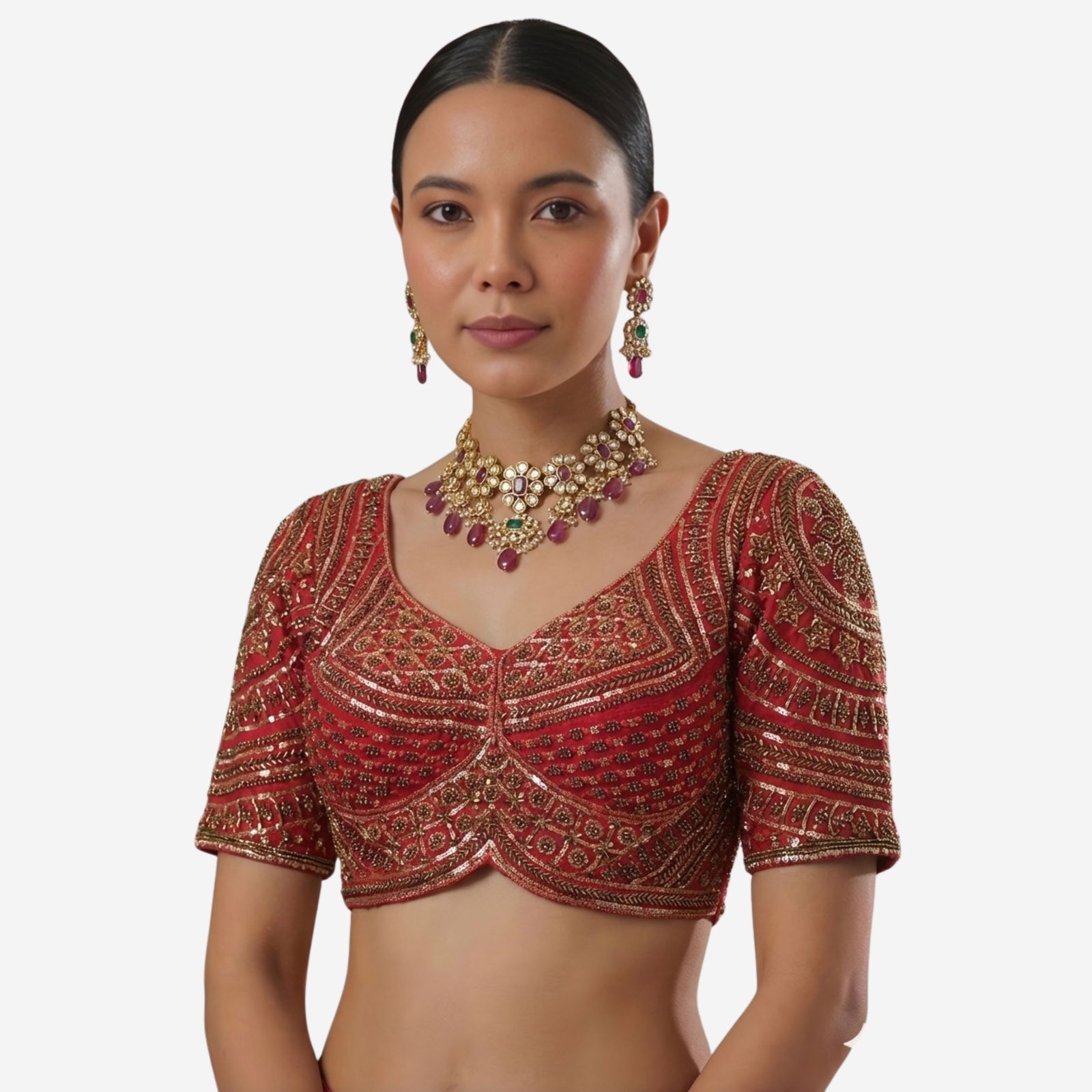 Red Handwork Beads Partywear Sabyasachi Neck Blouse in Pure Fox Georgette