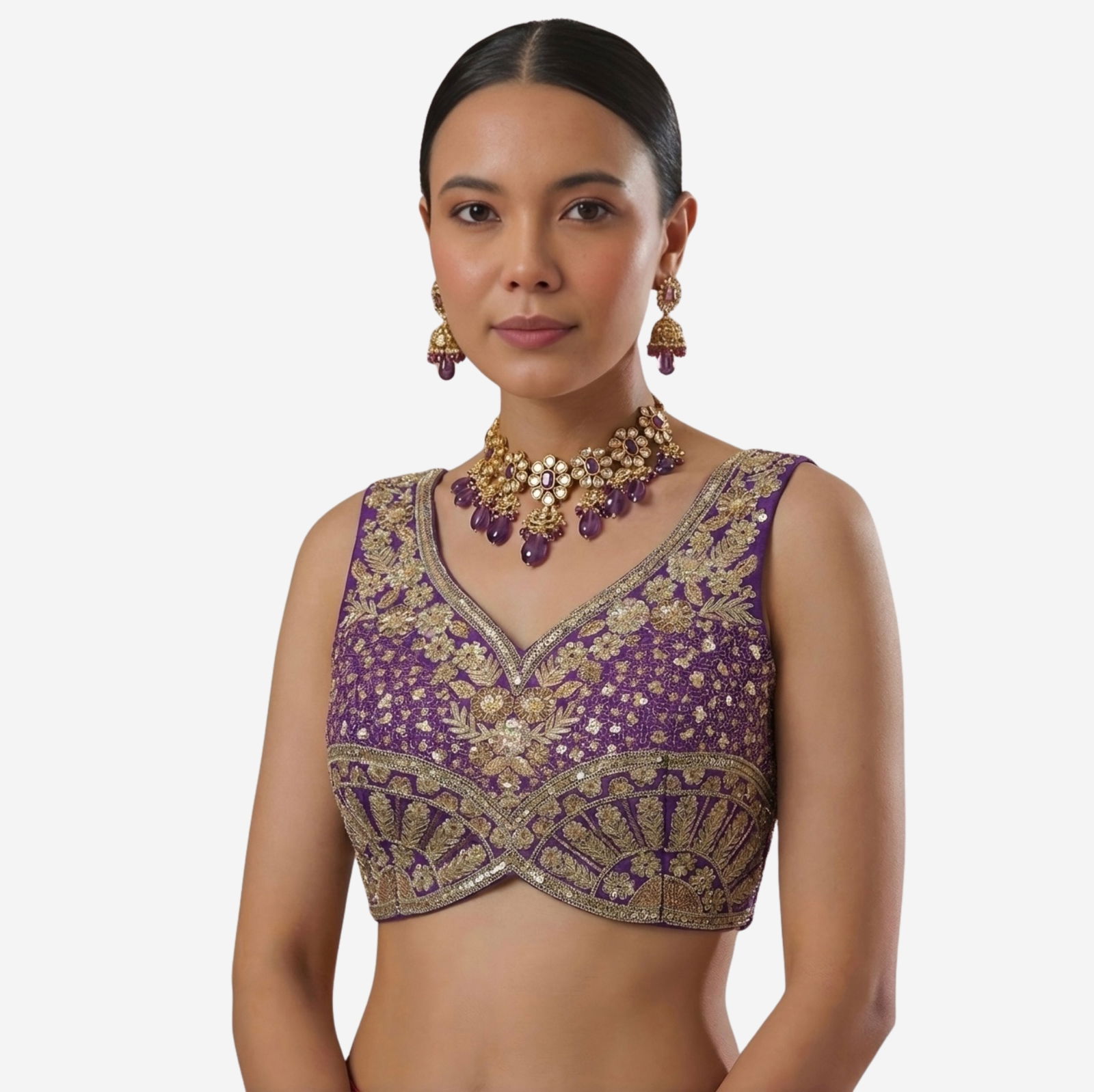 Purple Zari & Sequins Work  Partywear Sleeveless Blouse