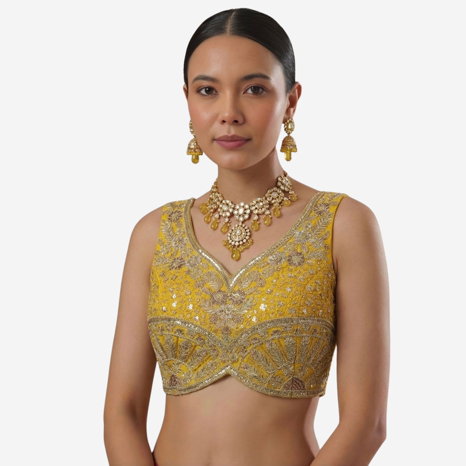 Yellow Zari & Sequins Work  Partywear Sleeveless  Blouse