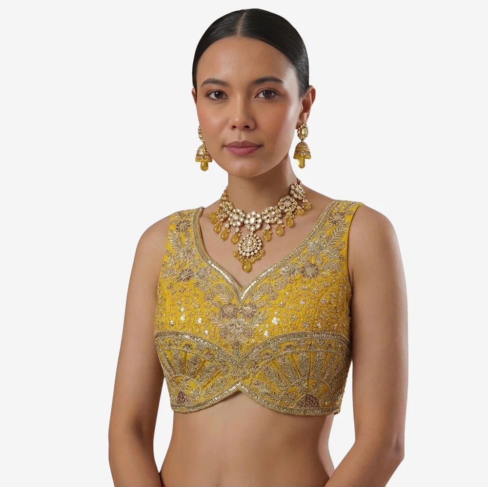 Yellow Zari & Sequins Work  Partywear Sleeveless  Blouse — view 1