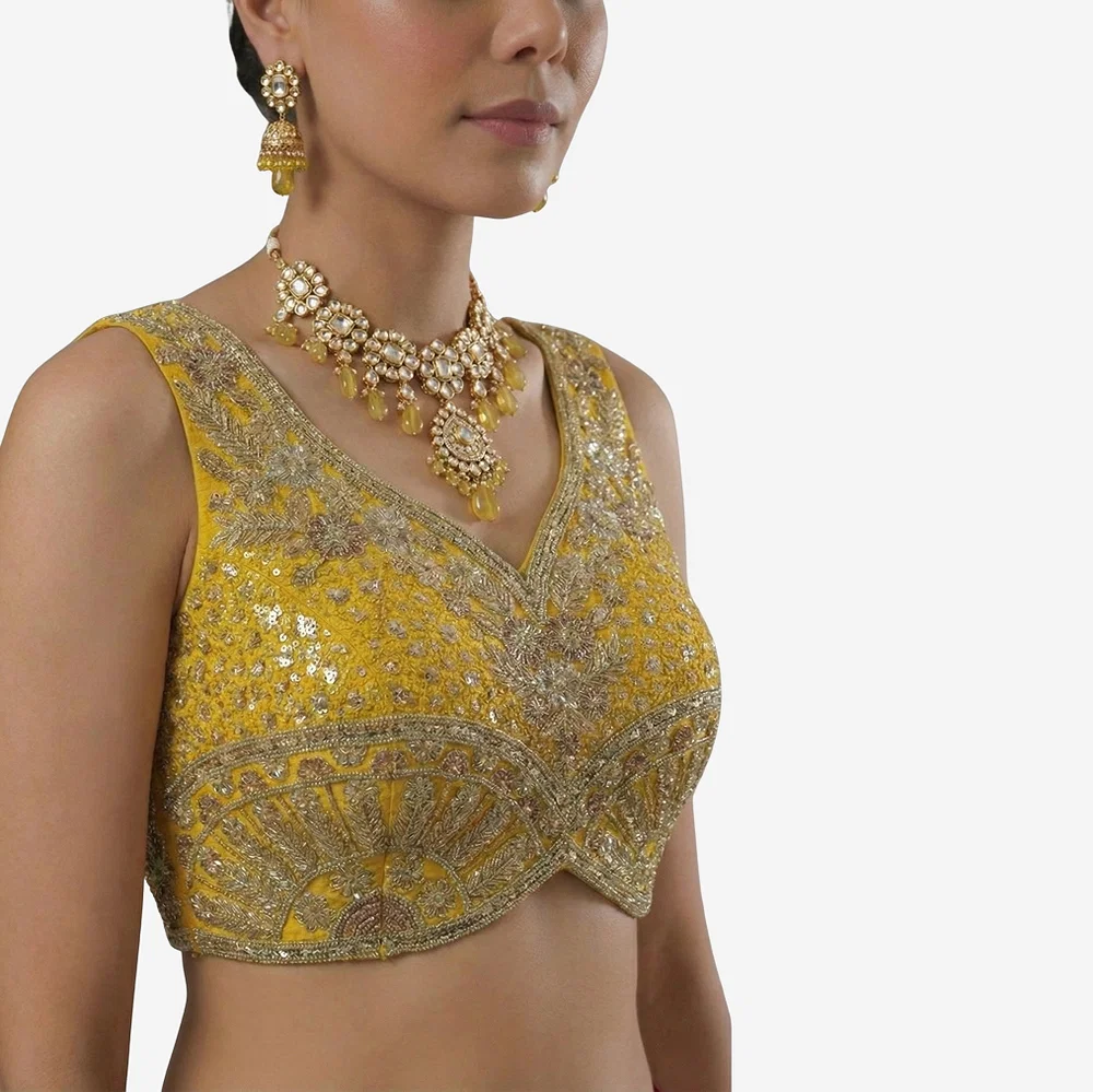 Yellow Zari & Sequins Work  Partywear Sleeveless  Blouse — view 2