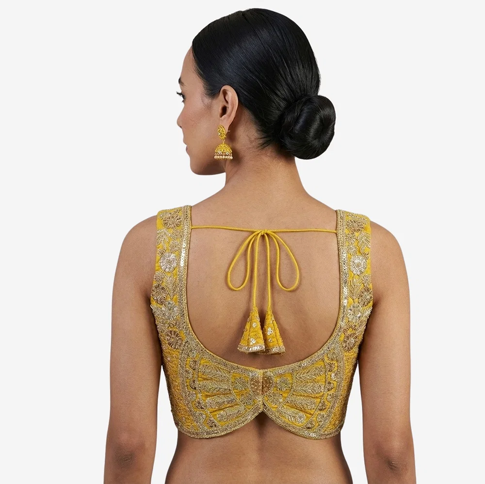 Yellow Zari & Sequins Work  Partywear Sleeveless  Blouse — view 3