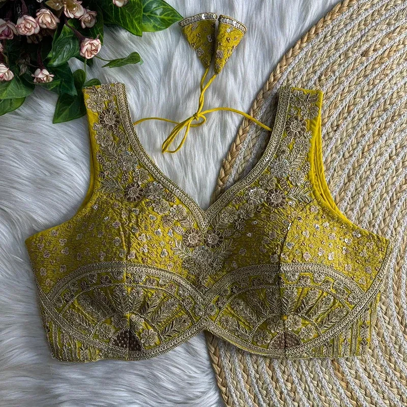 Yellow Zari & Sequins Work  Partywear Sleeveless  Blouse — view 4