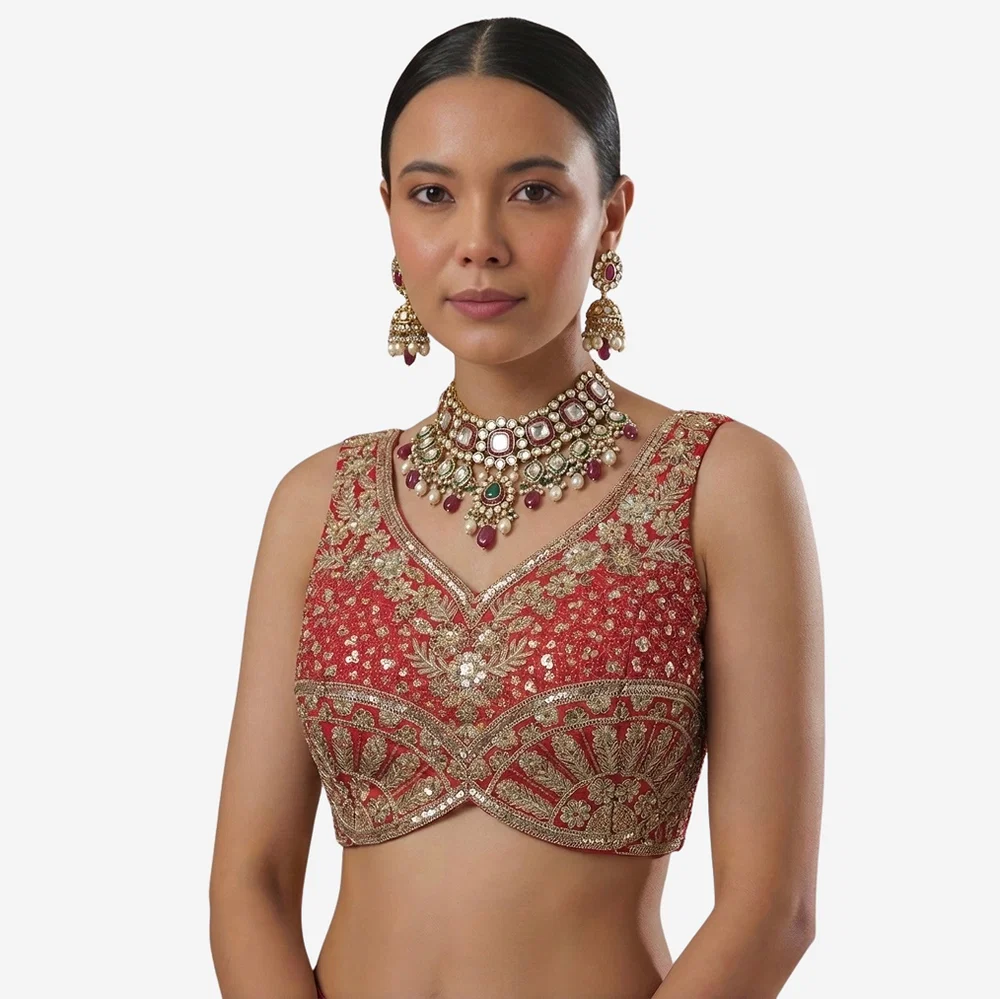Maroon Zari & Sequins Work  Partywear Sleeveless  Blouse — view 1