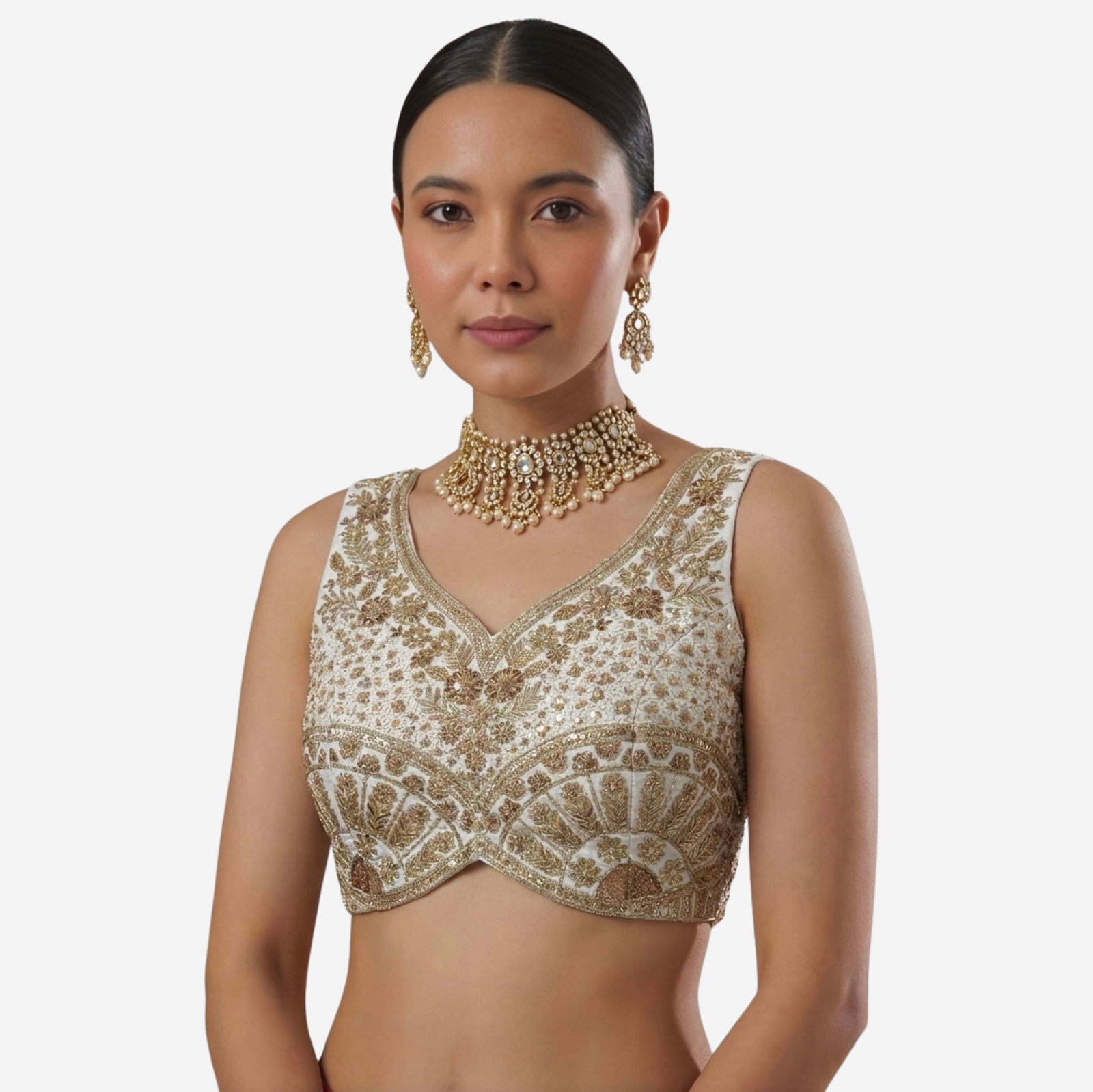 White Zari & Sequins Work  Partywear Sleeveless  Blouse