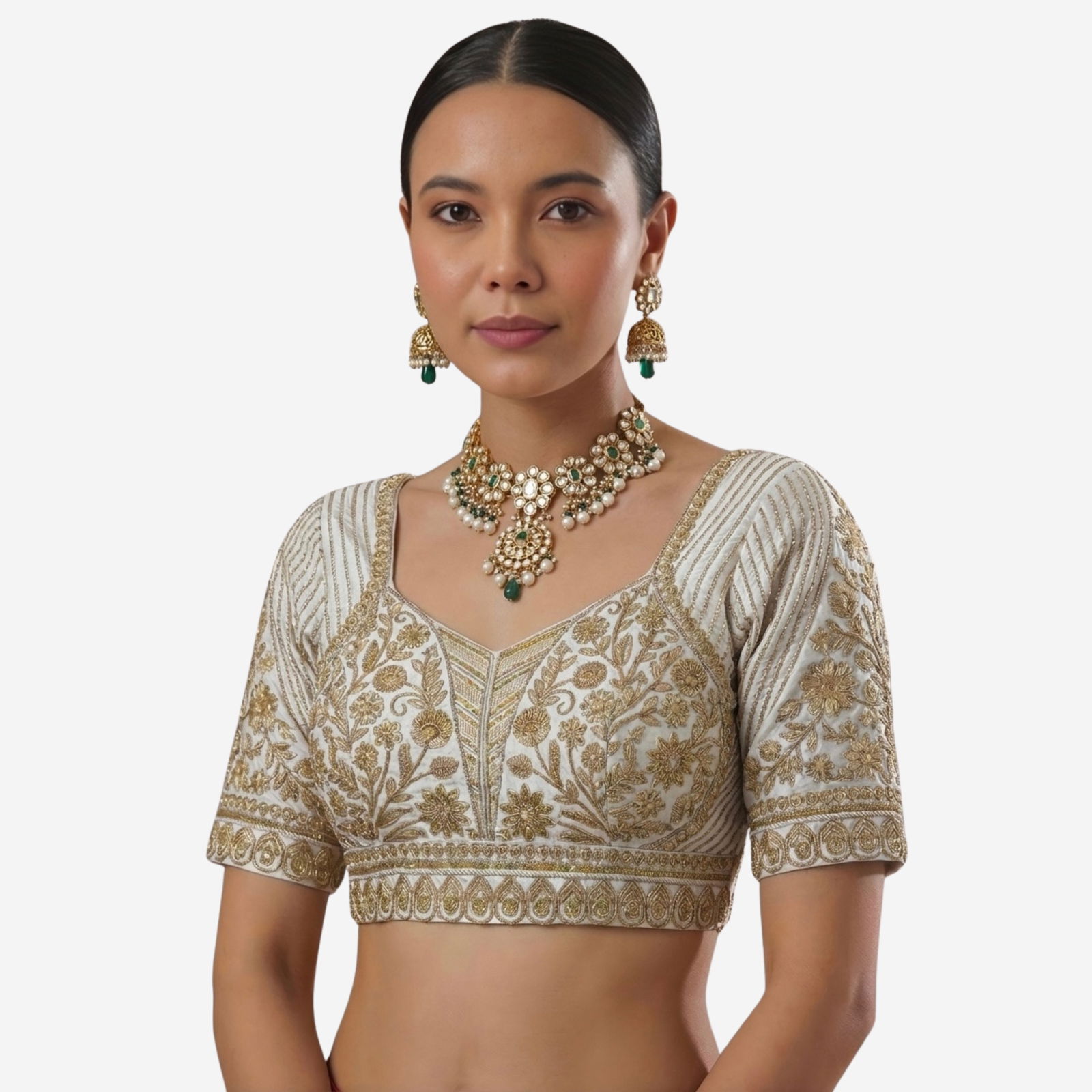 White Zari Work Partywear Half Sleeve Heavy Designer Blouse