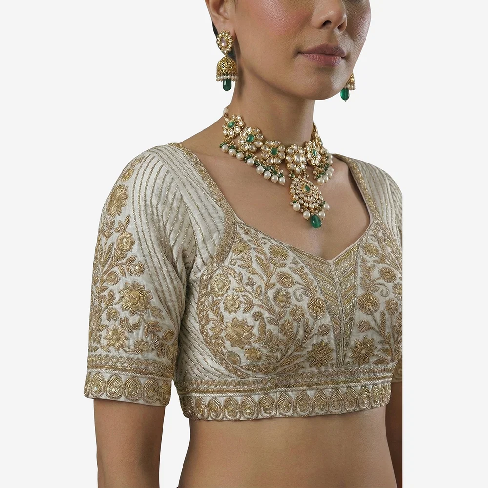White Zari Work Partywear Half Sleeve Heavy Designer Blouse — view 3