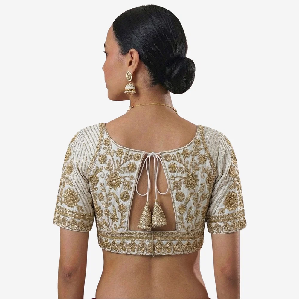 White Zari Work Partywear Half Sleeve Heavy Designer Blouse — view 2