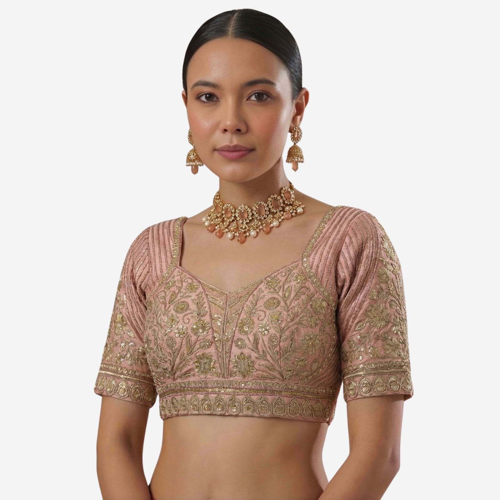 Peach Zari Work Partywear Half Sleeve Heavy Designer Blouse