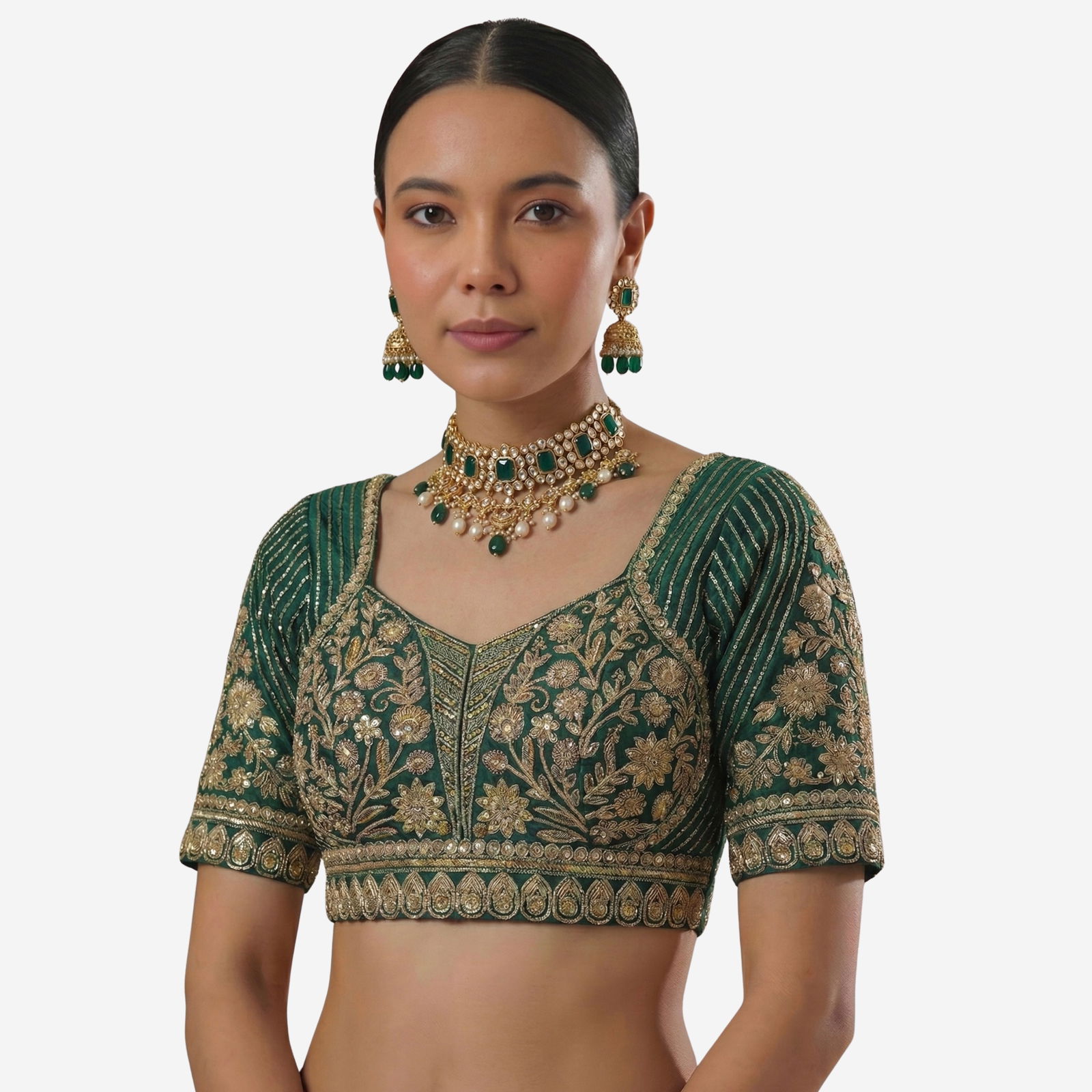 Green Zari Work Partywear Half Sleeve Heavy Designer Blouse