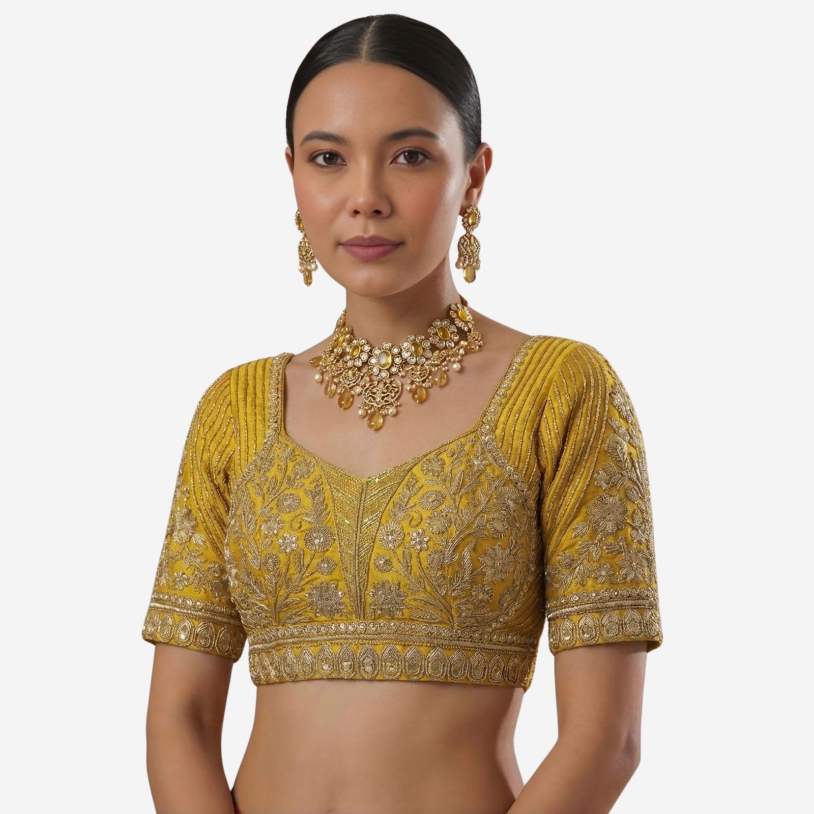 Yellow Zari Work Partywear Half Sleeve Heavy Designer Blouse