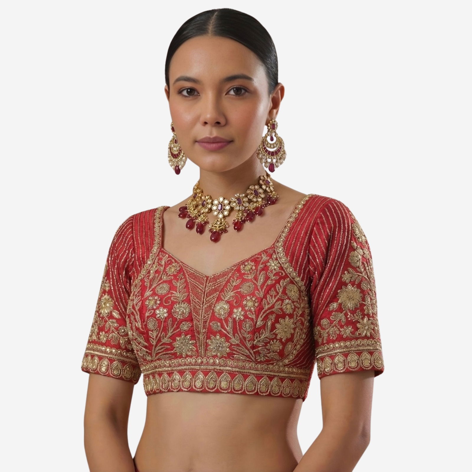 Red Zari Work Partywear Half Sleeve Heavy Designer Blouse