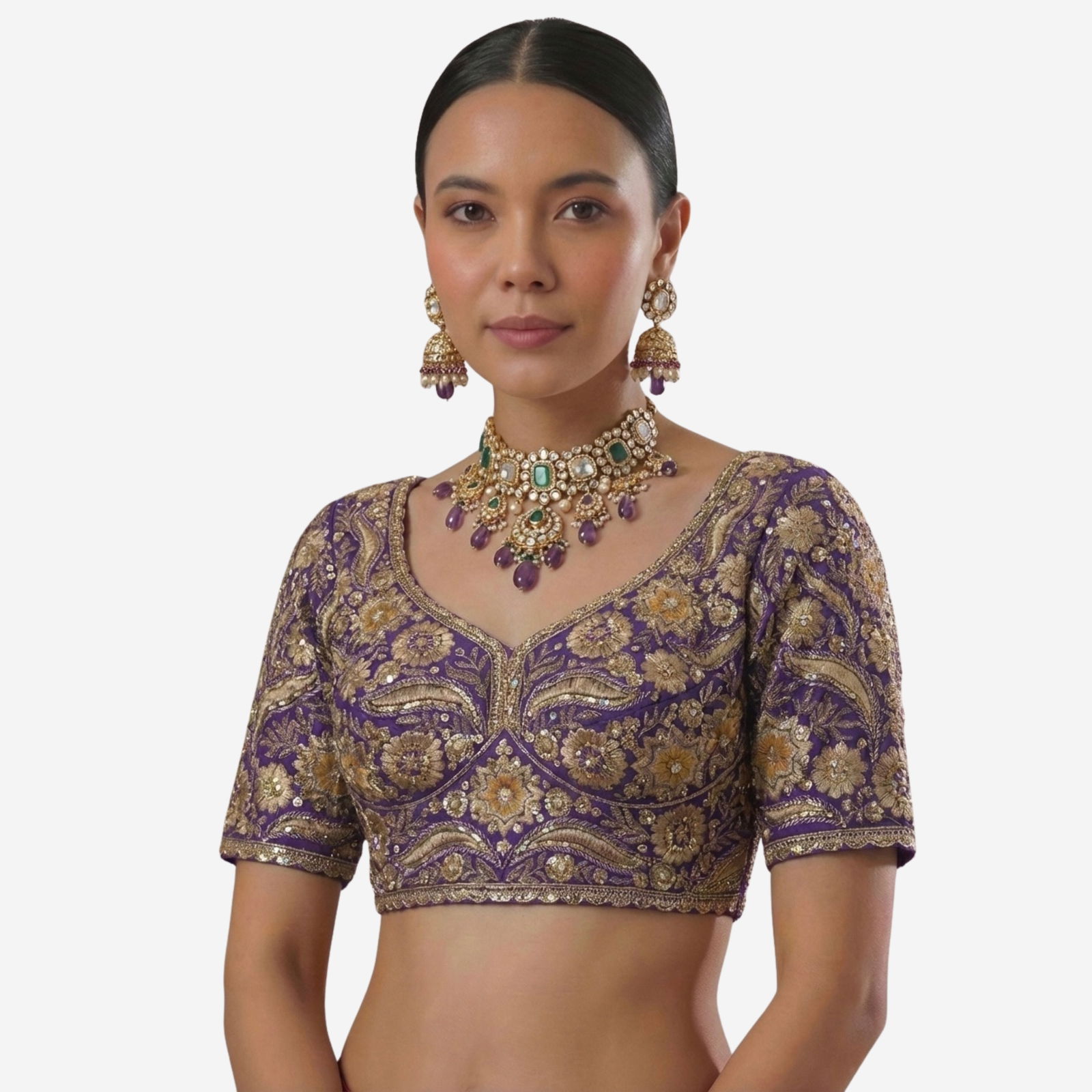 Purple Bridal Sabyasachi Neck Italian Silk Embroidered Readymade Blouse