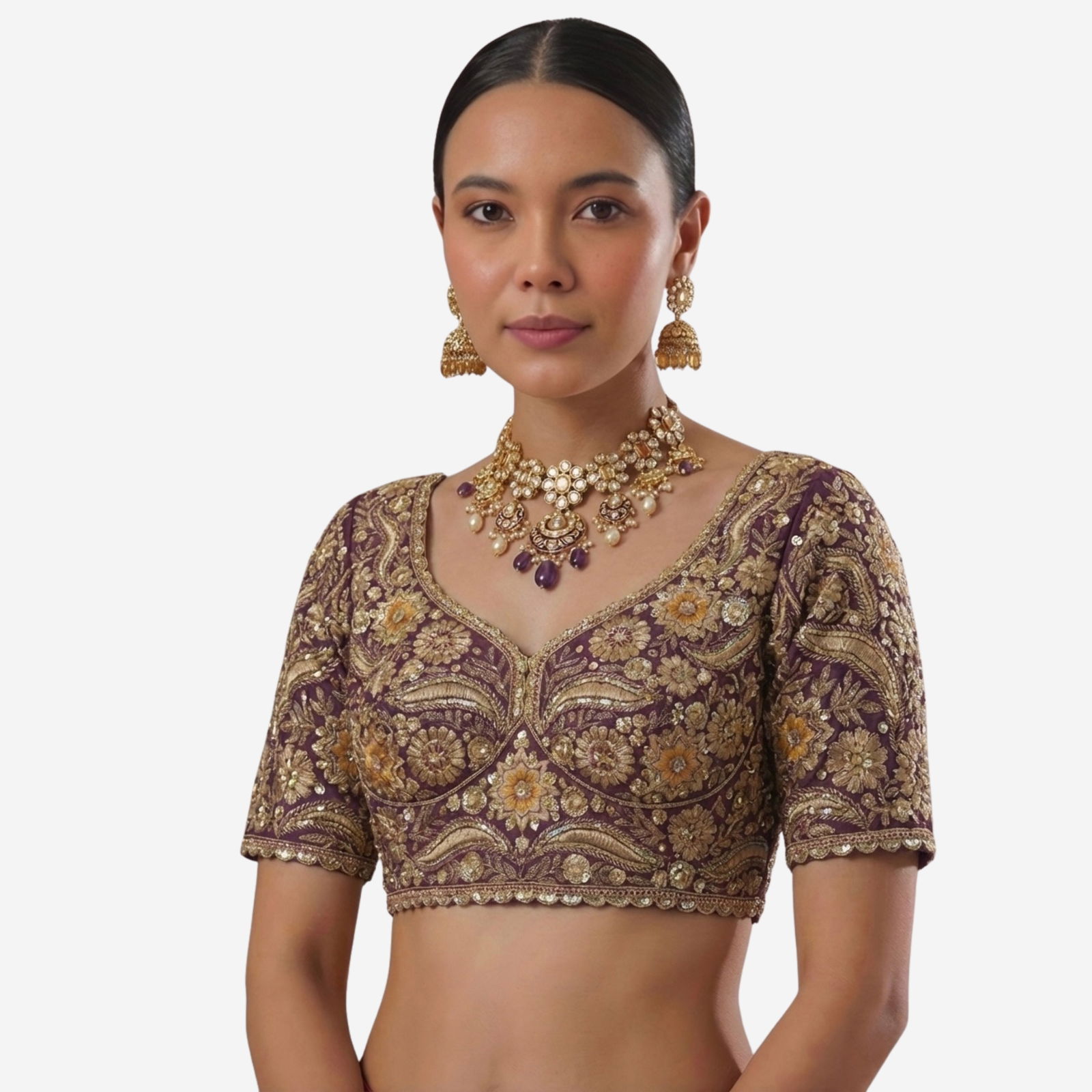 Wine Bridal Sabyasachi Neck Italian Silk Embroidered Readymade Blouse