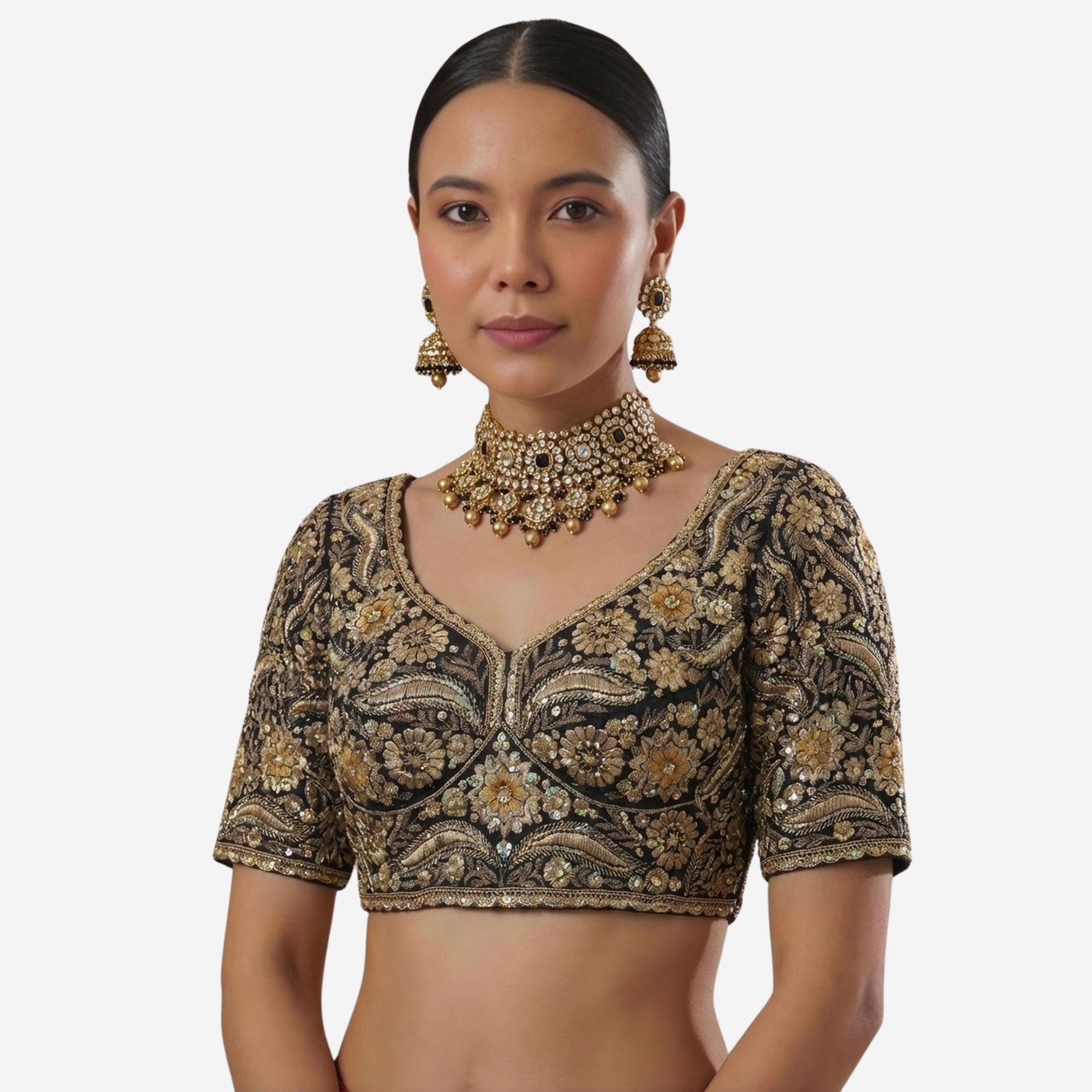 Black Bridal Sabyasachi Neck Italian Silk Embroidered Readymade Blouse