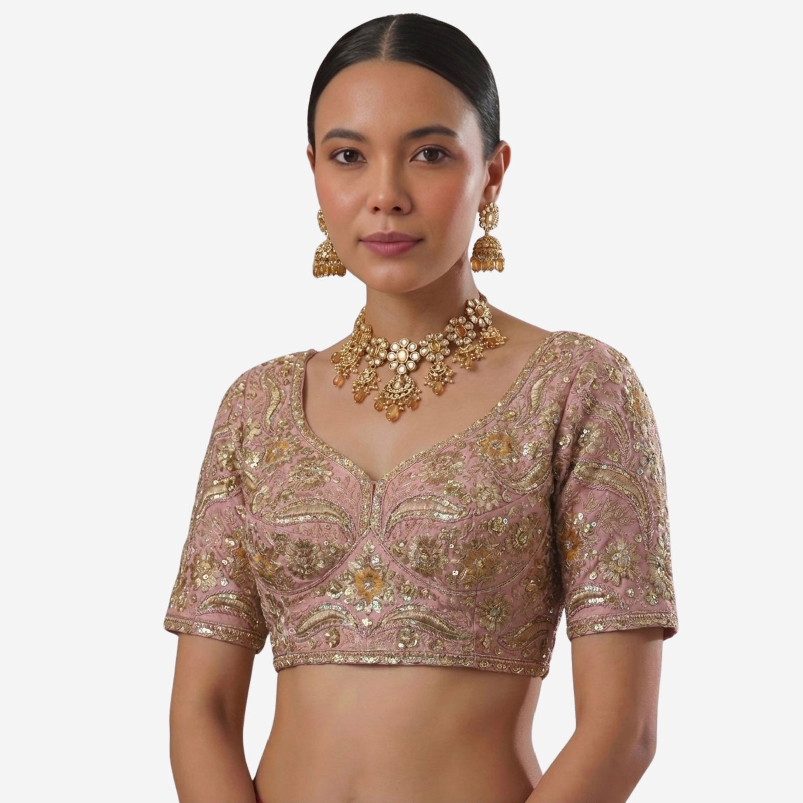 Peach Bridal Sabyasachi Neck Italian Silk Embroidered Readymade Blouse