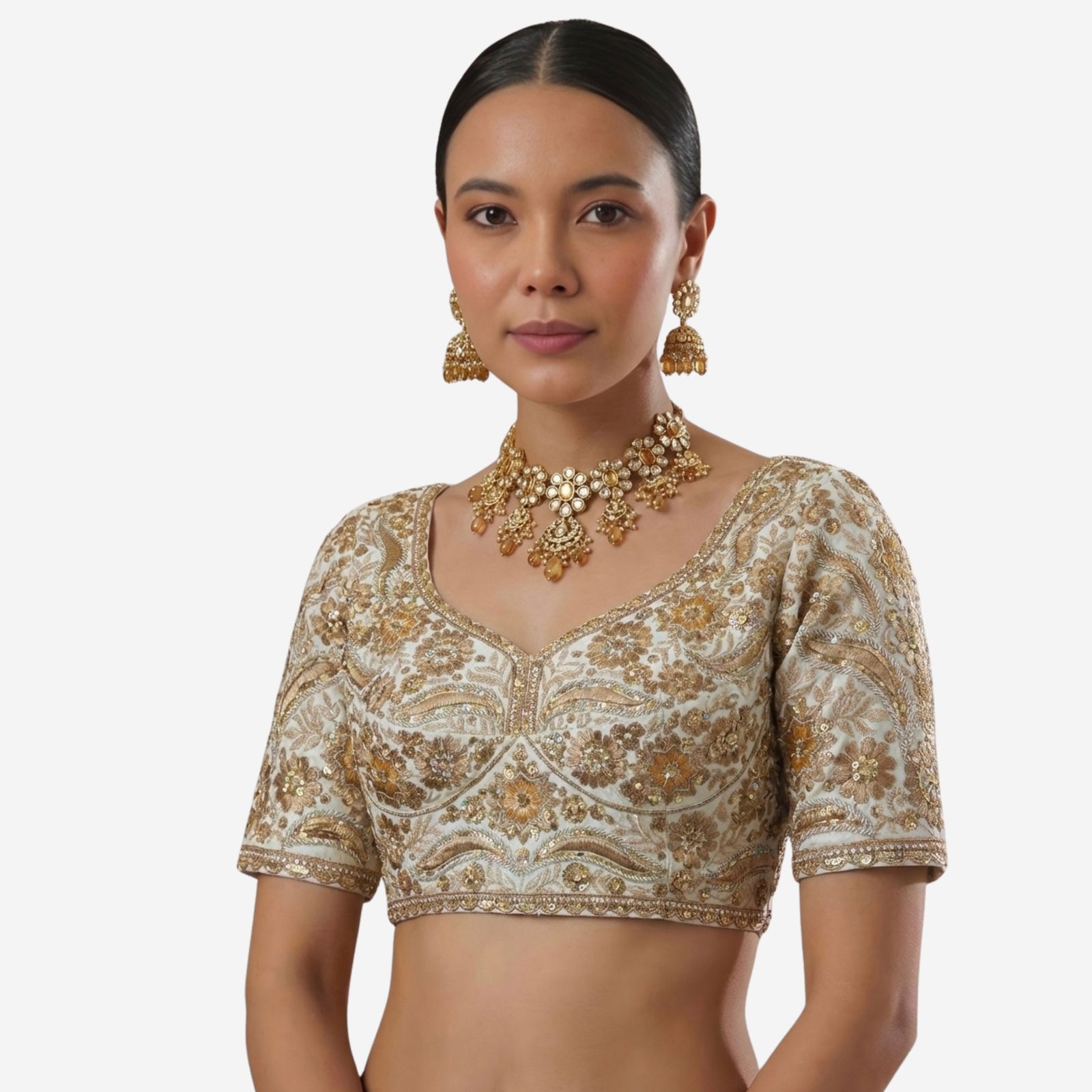 White Bridal Sabyasachi Neck Italian Silk Embroidered Readymade Blouse