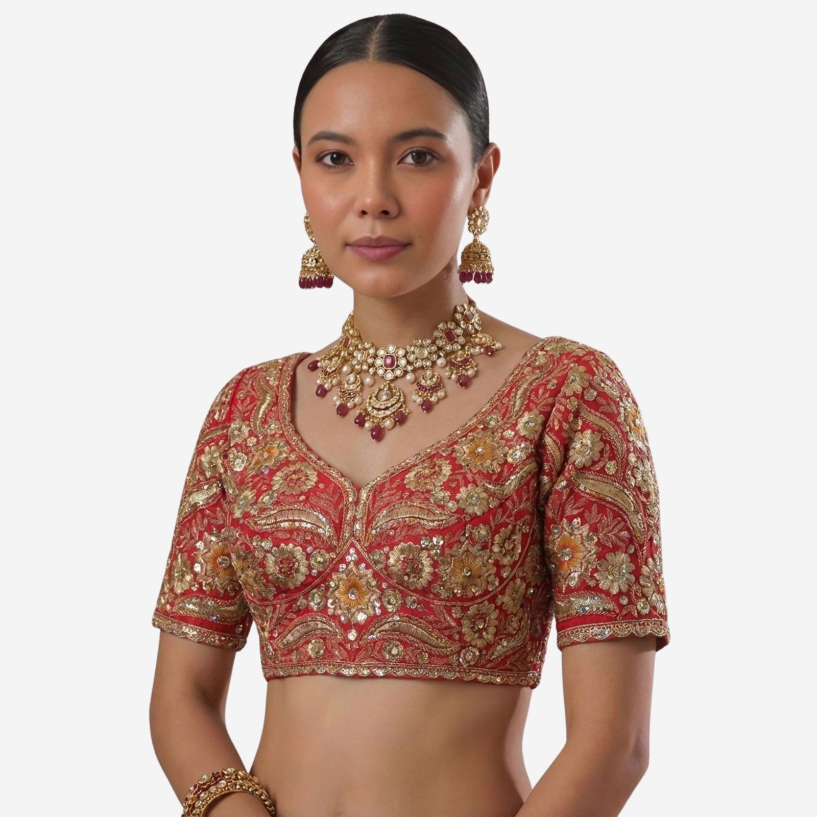 Red Bridal Sabyasachi Neck Italian Silk Embroidered Readymade Blouse