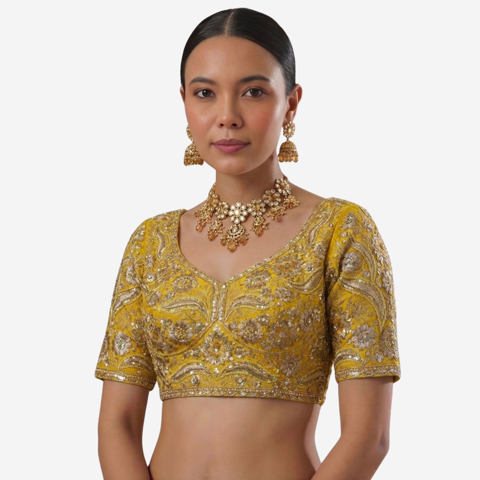 Yellow Bridal Sabyasachi Neck Italian Silk Embroidered Readymade Blouse