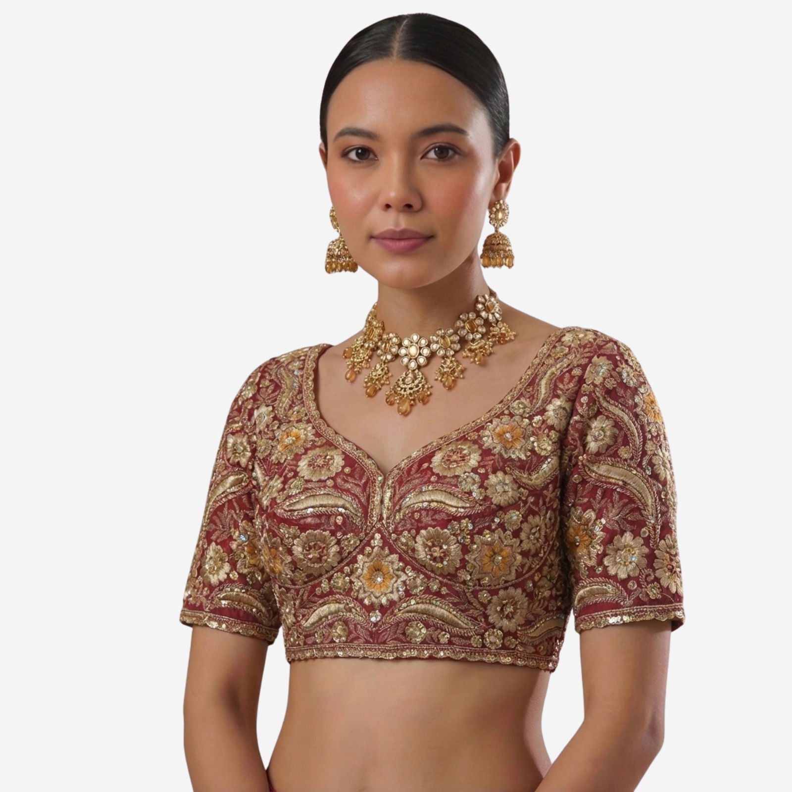 Maroon Bridal Sabyasachi Neck Italian Silk Embroidered Readymade Blouse