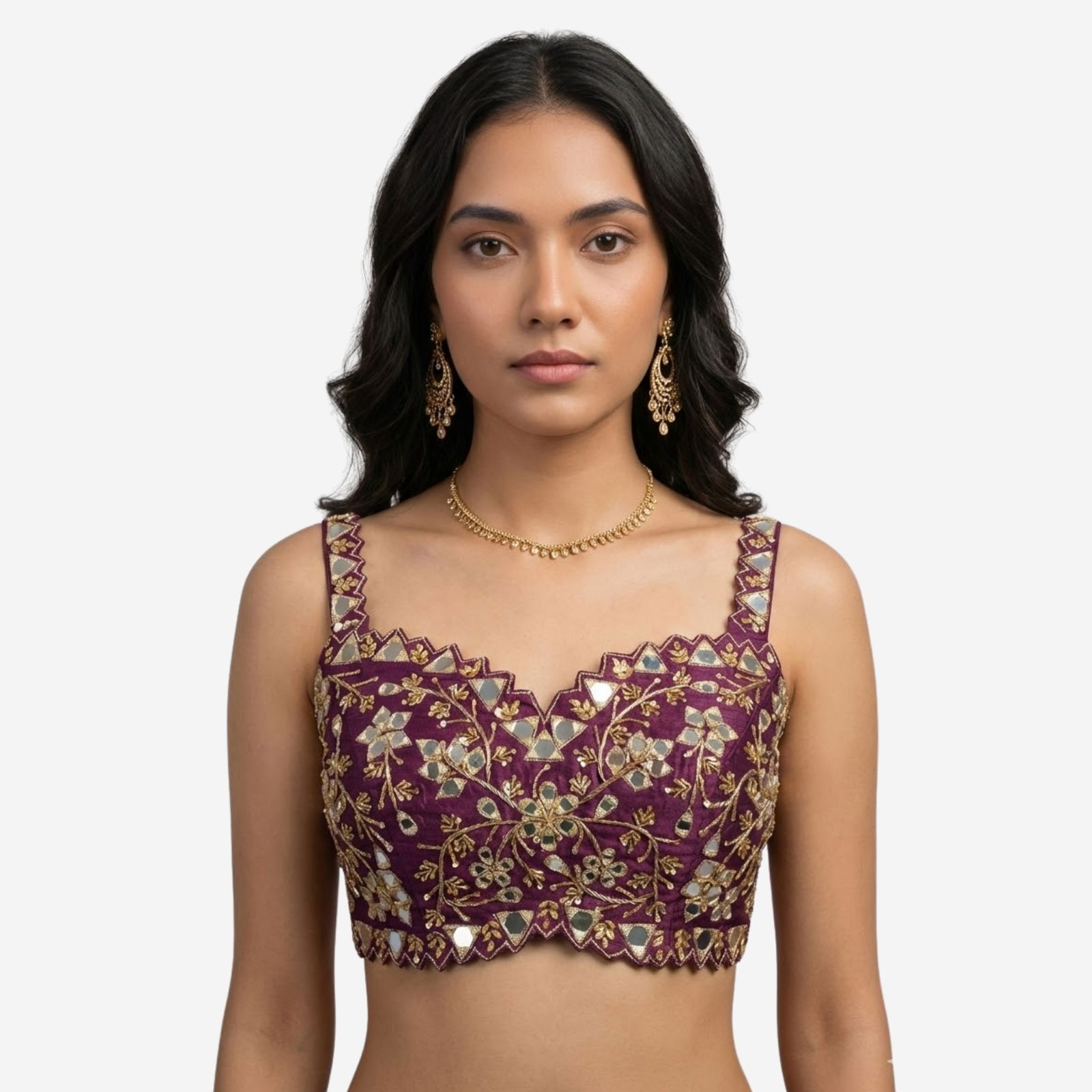 Wine Zardosi And Mirror Handwork Premium Silk Partywear Blouse