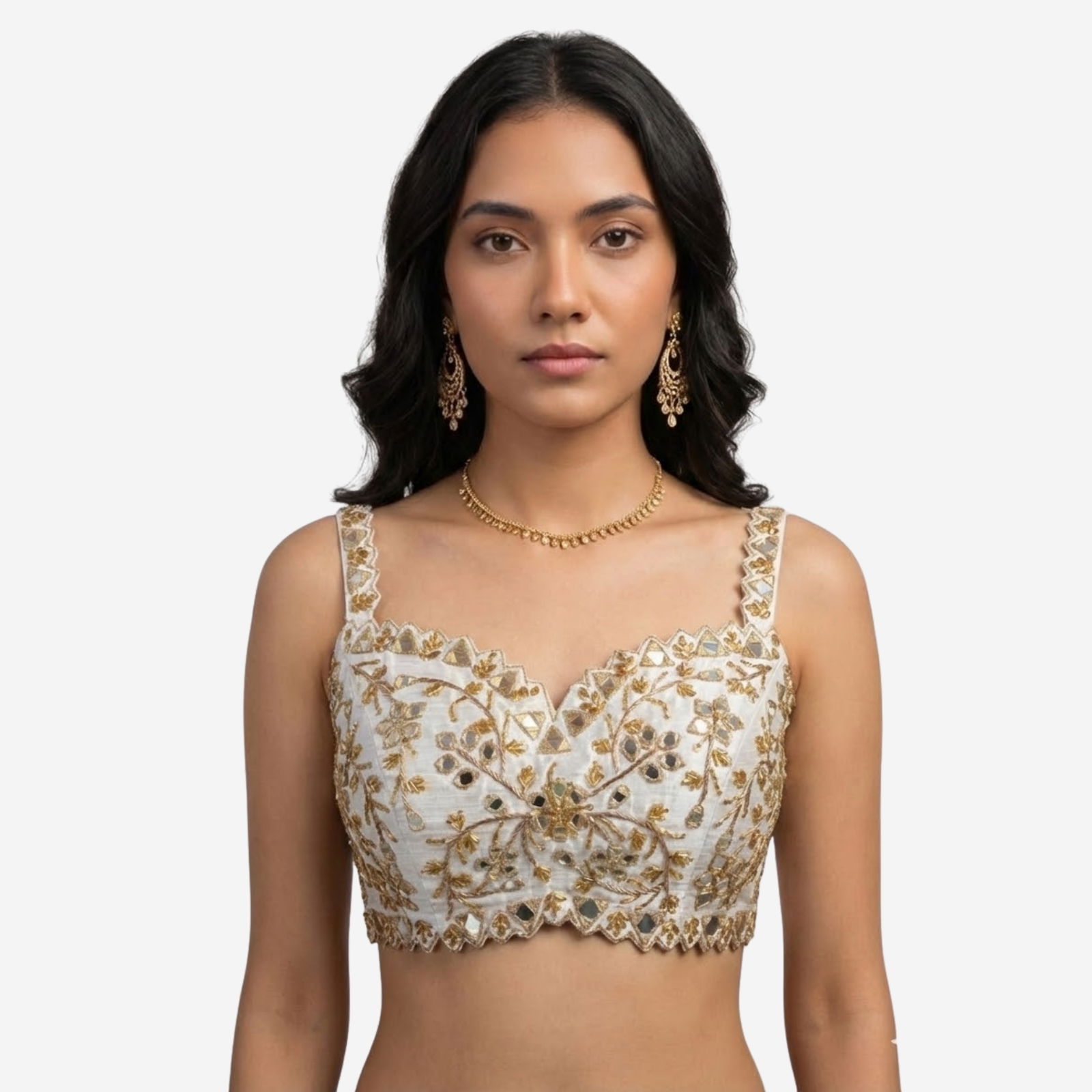 White Zardosi And Mirror Handwork Premium Silk Partywear Blouse