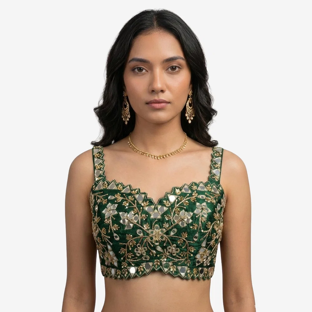 Green Zardosi And Mirror Handwork Premium Silk Partywear Blouse — view 1