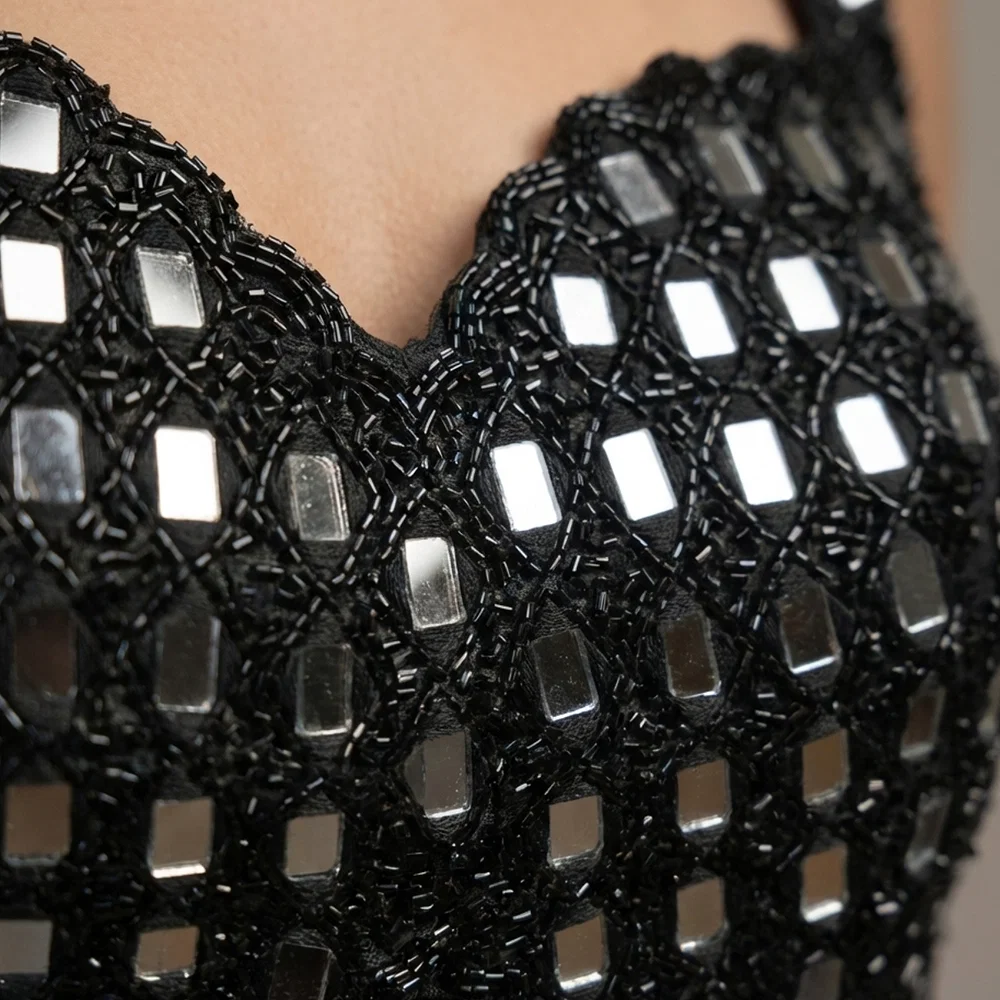 Black Handwork Raw Silk Blouse with Jari Mirror & Beads Work — view 2