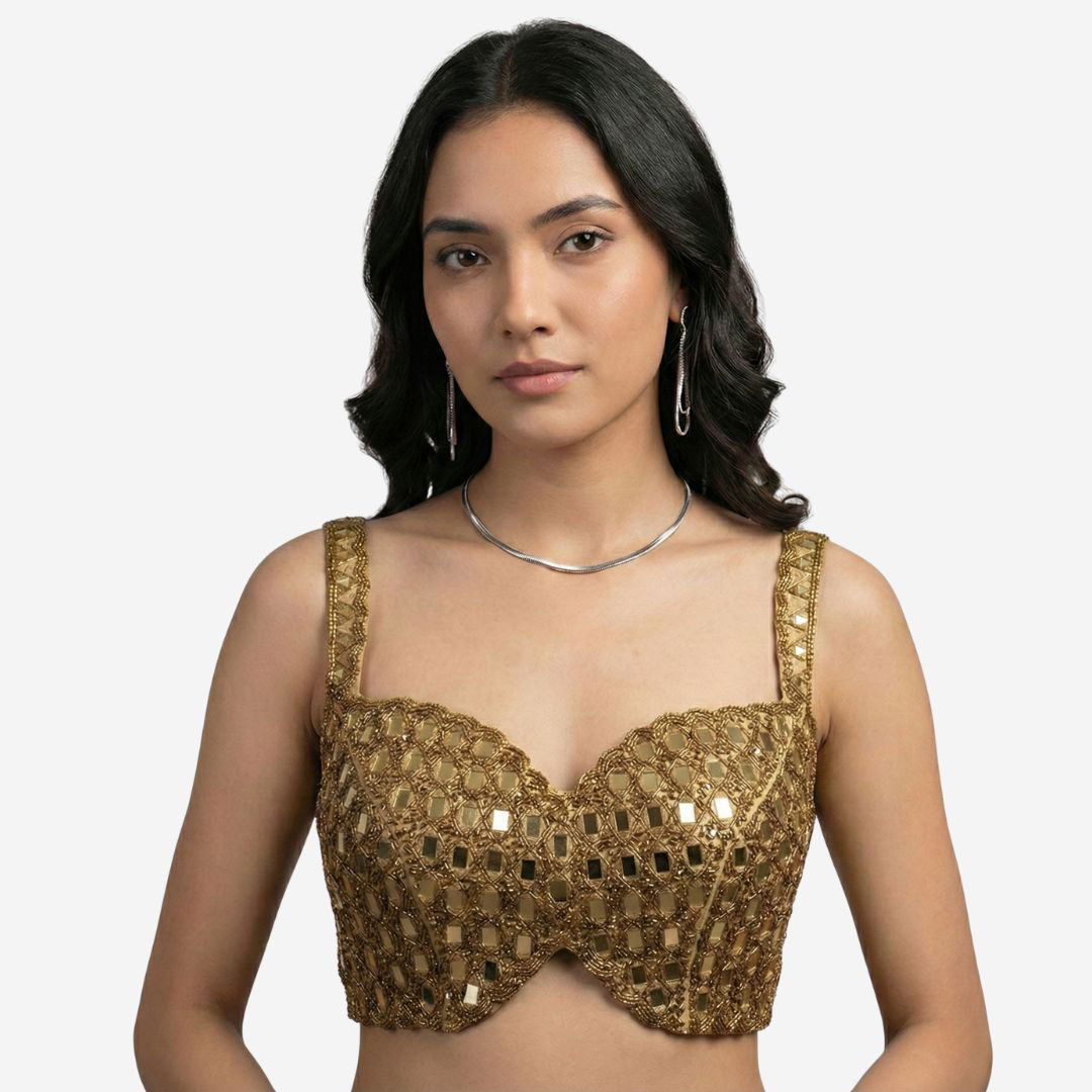 Gold Handwork Raw Silk Blouse with Jari Mirror Beads Work