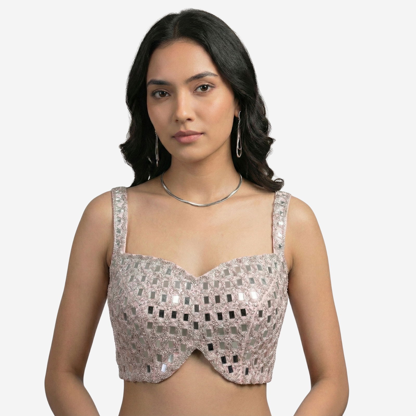 Pink Handwork Raw Silk Blouse with Jari Mirror Beads Work