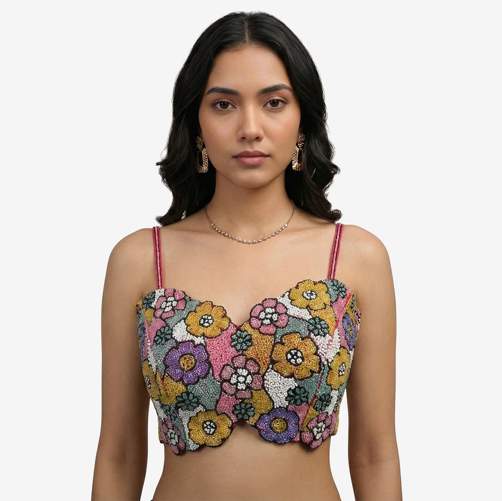 Multicolor Handwork Silk Blouse: Heavy Beaded Bridal Crop Top — view 1