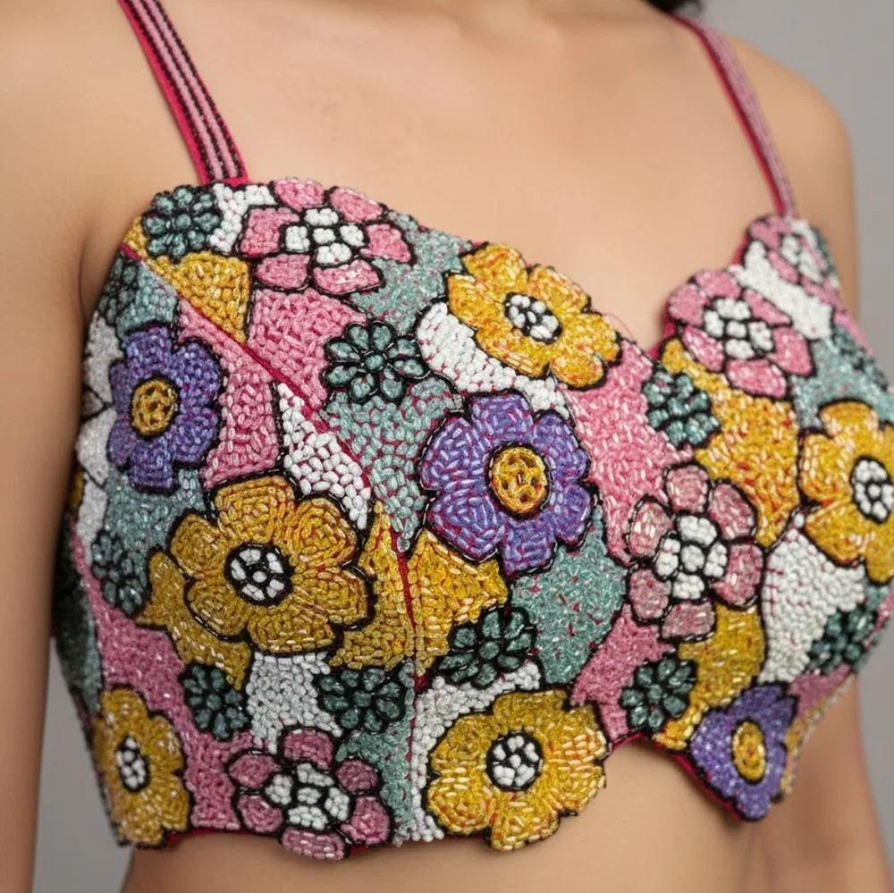 Multicolor Handwork Silk Blouse: Heavy Beaded Bridal Crop Top — view 2