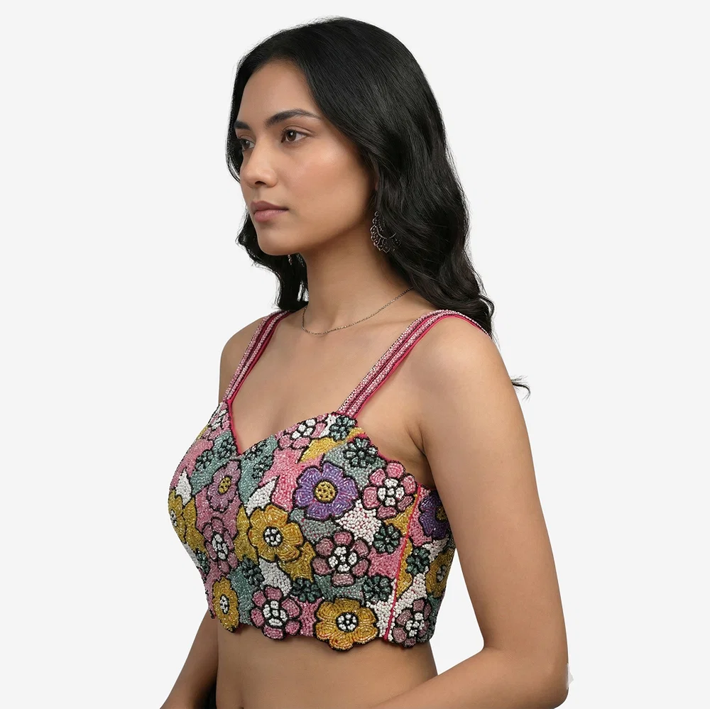Multicolor Handwork Silk Blouse: Heavy Beaded Bridal Crop Top — view 3