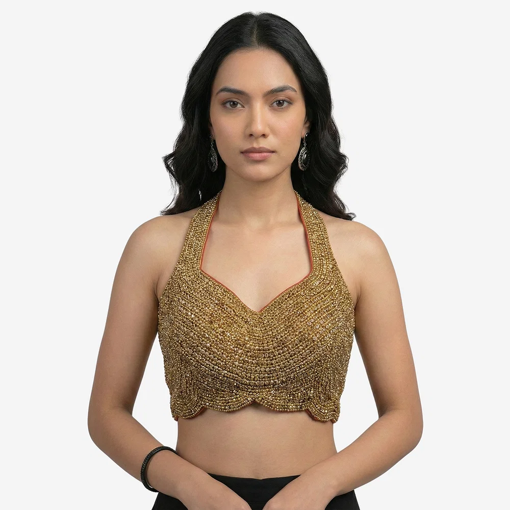 Handwork Raw Silk Gold Moti & Stone Halter Partywear Blouse — view 1