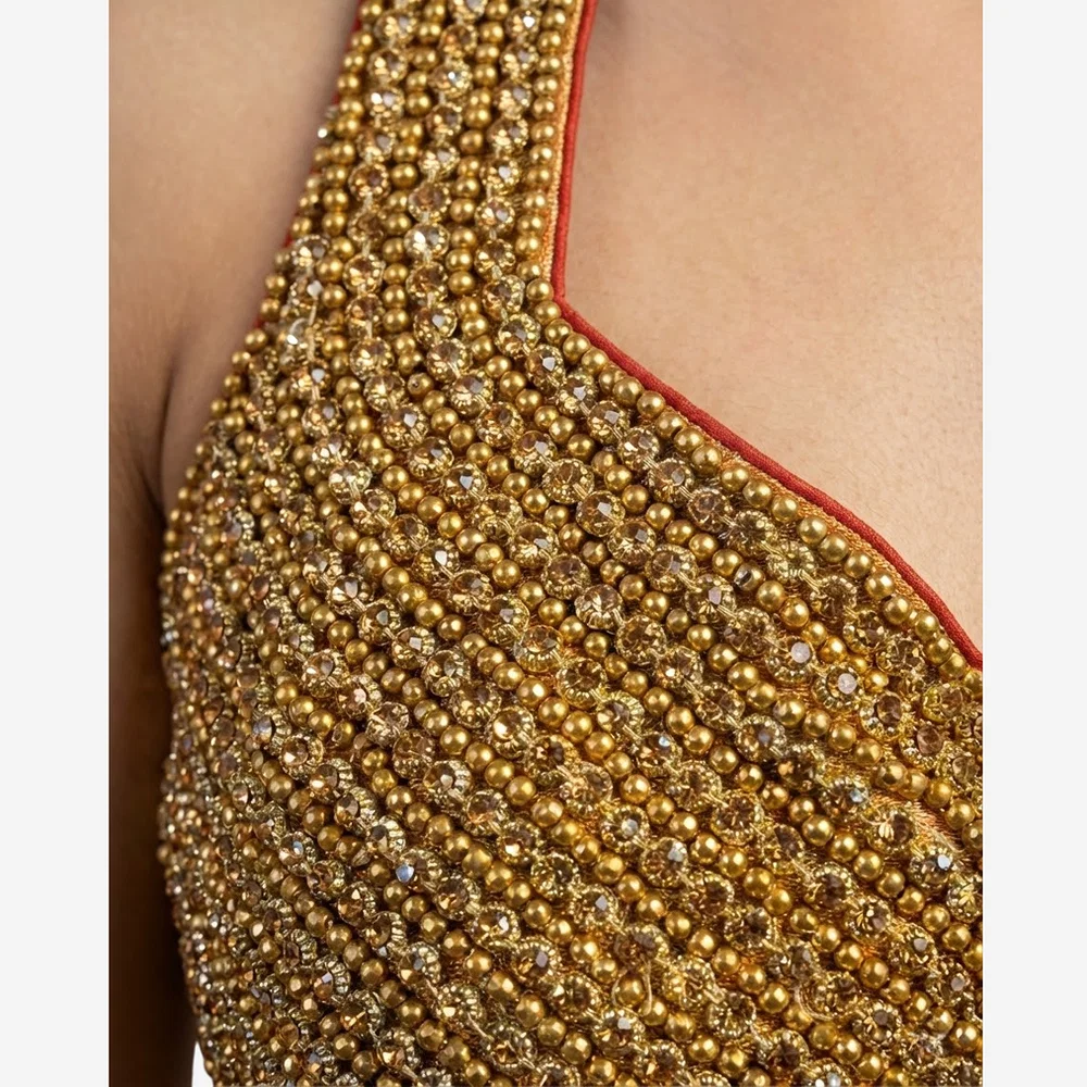 Handwork Raw Silk Gold Moti & Stone Halter Partywear Blouse — view 2