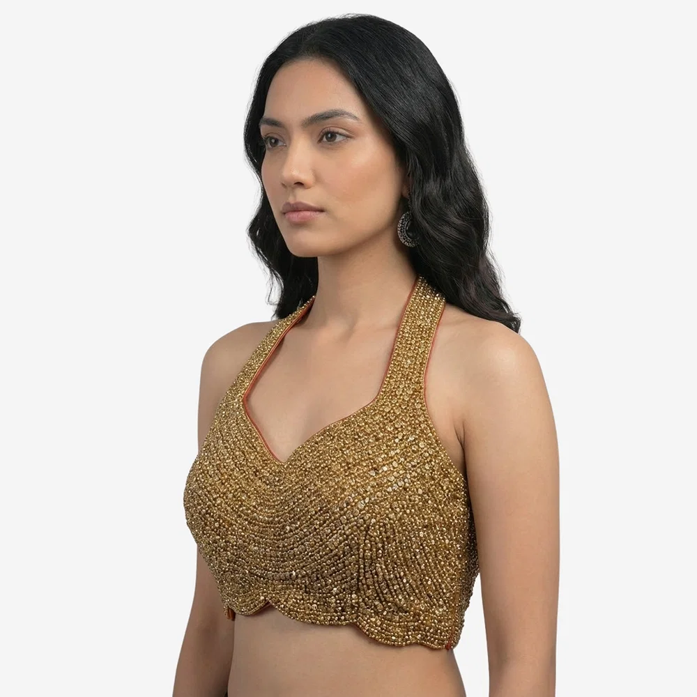 Handwork Raw Silk Gold Moti & Stone Halter Partywear Blouse — view 3