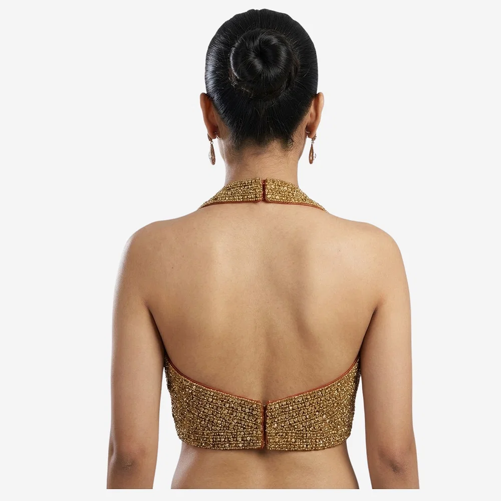 Handwork Raw Silk Gold Moti & Stone Halter Partywear Blouse — view 4