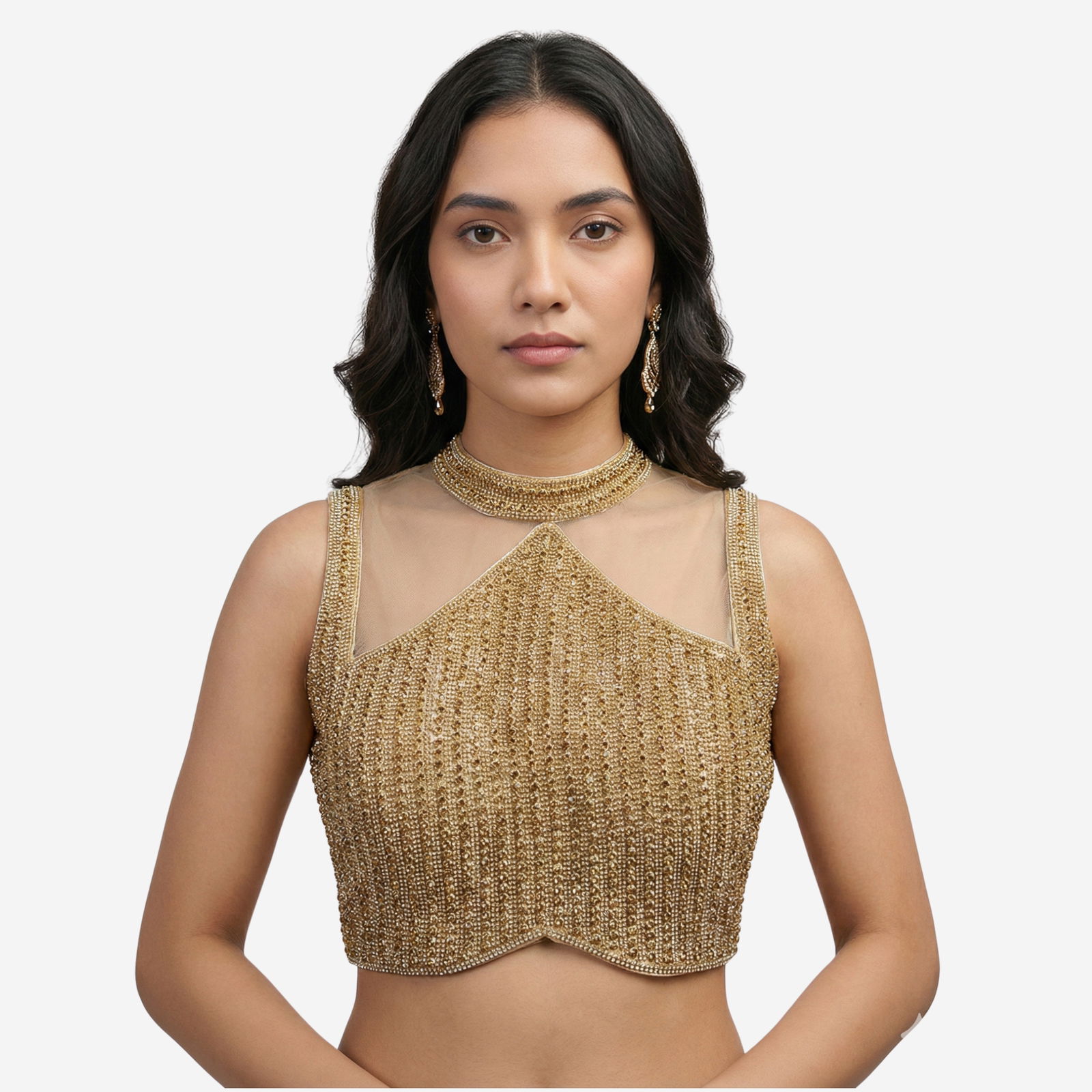 Handwork Net Heavy Gold Moti Blouse Halter Neck Partywear Blouse