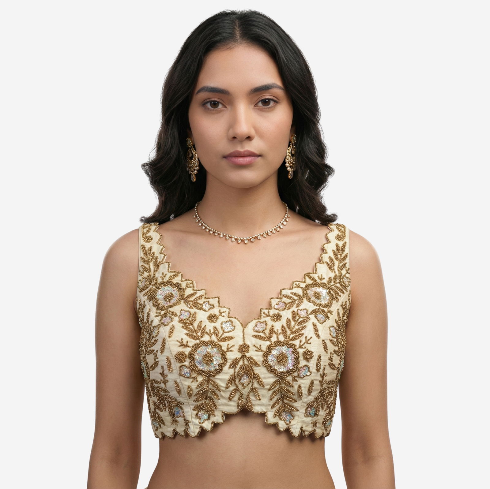 Zardosi Handwork Cream Raw Silk Partywear Blouse