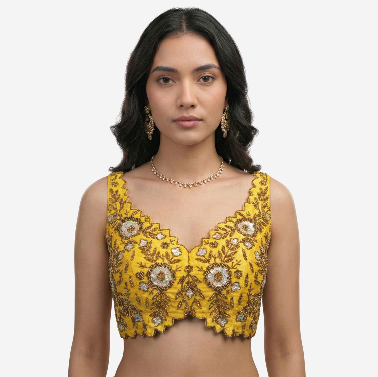 Zardosi Handwork Yellow Raw Silk Partywear Blouse