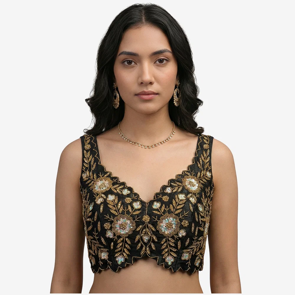 Zardosi Handwork Black Raw Silk Partywear Blouse — view 1