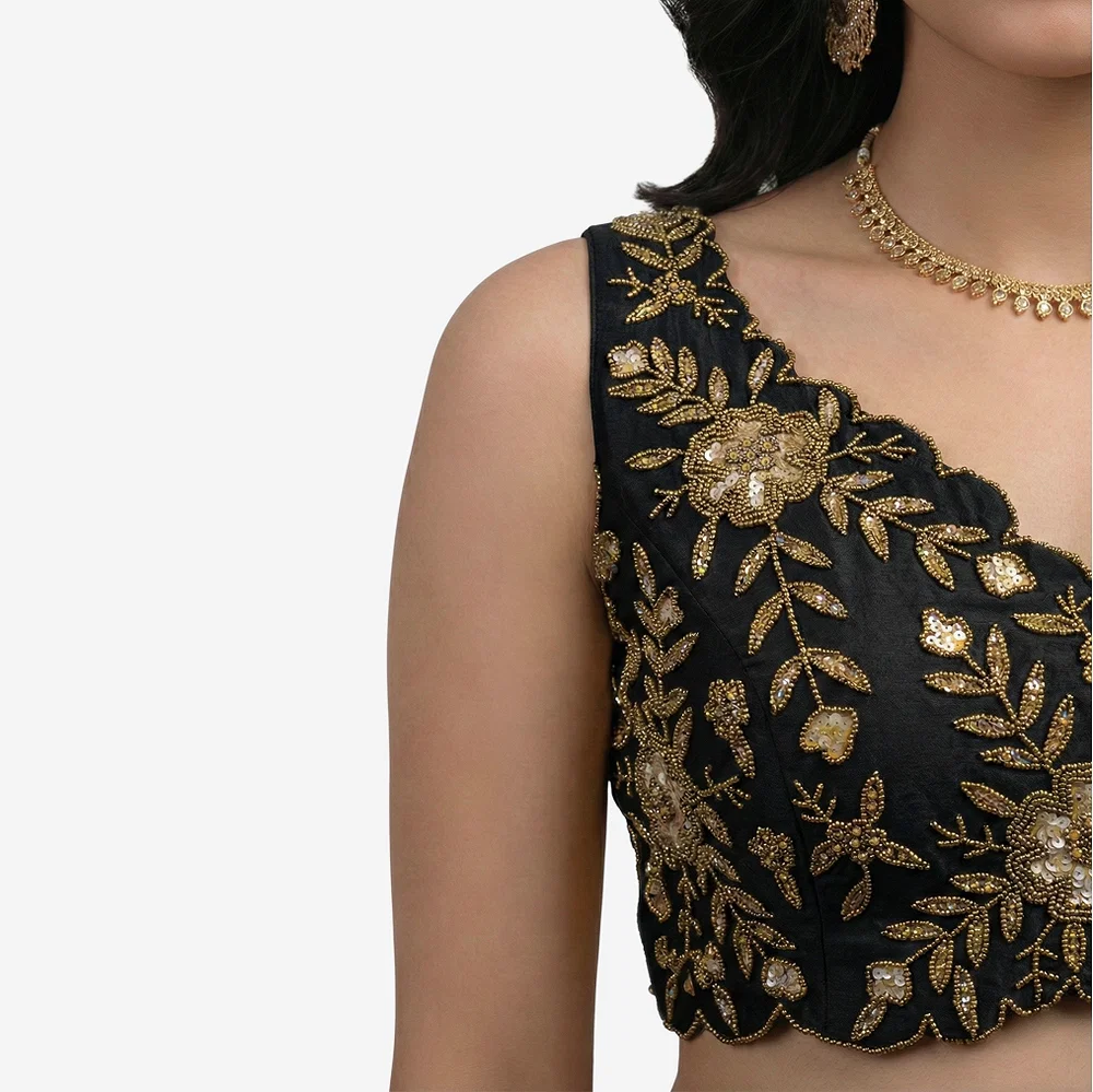 Zardosi Handwork Black Raw Silk Partywear Blouse — view 2