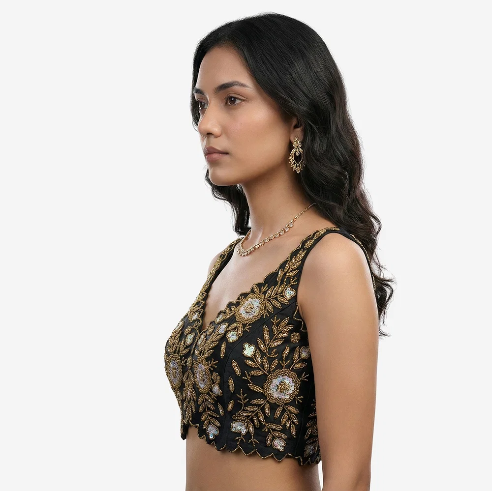 Zardosi Handwork Black Raw Silk Partywear Blouse — view 3