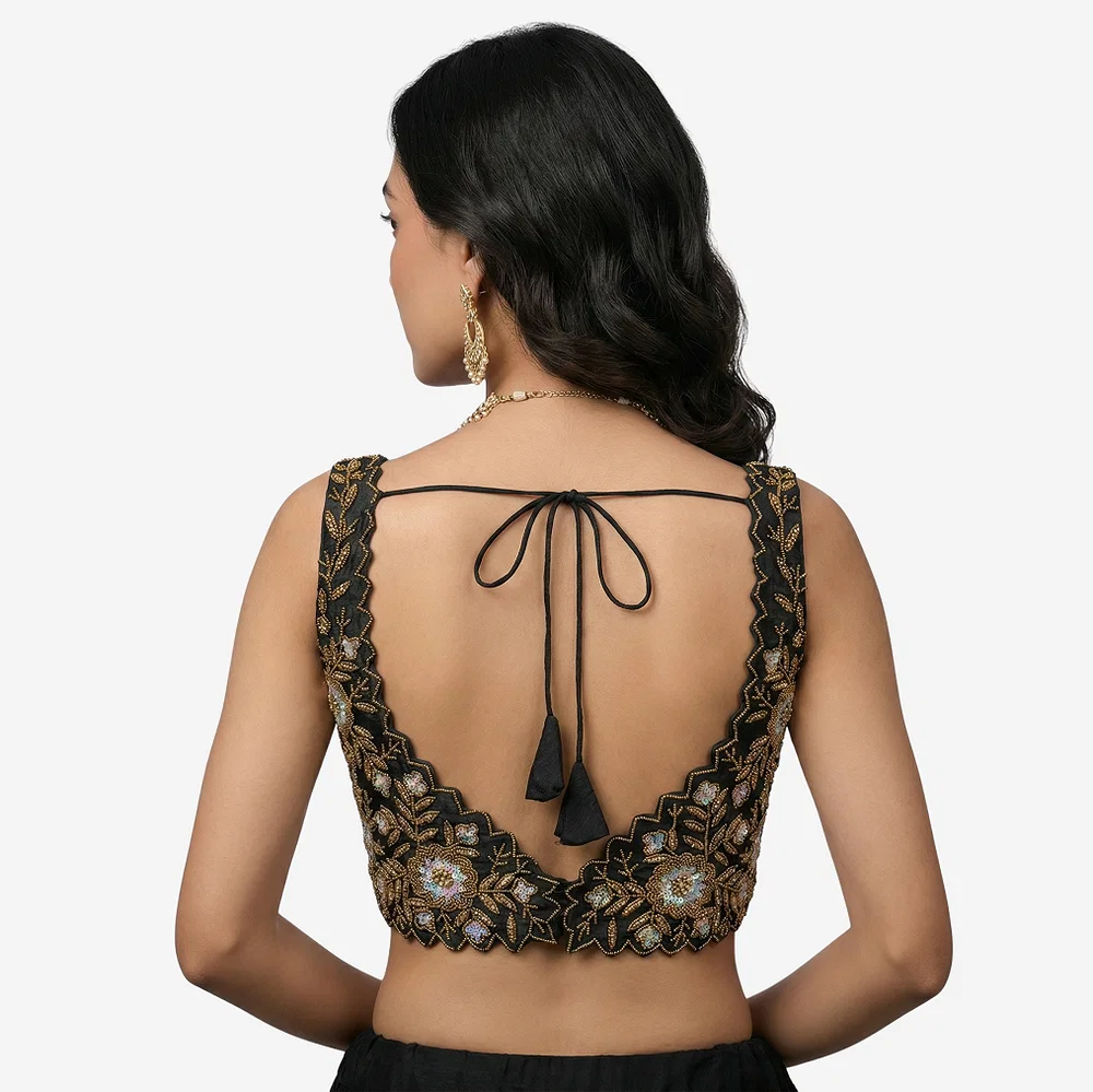 Zardosi Handwork Black Raw Silk Partywear Blouse — view 4