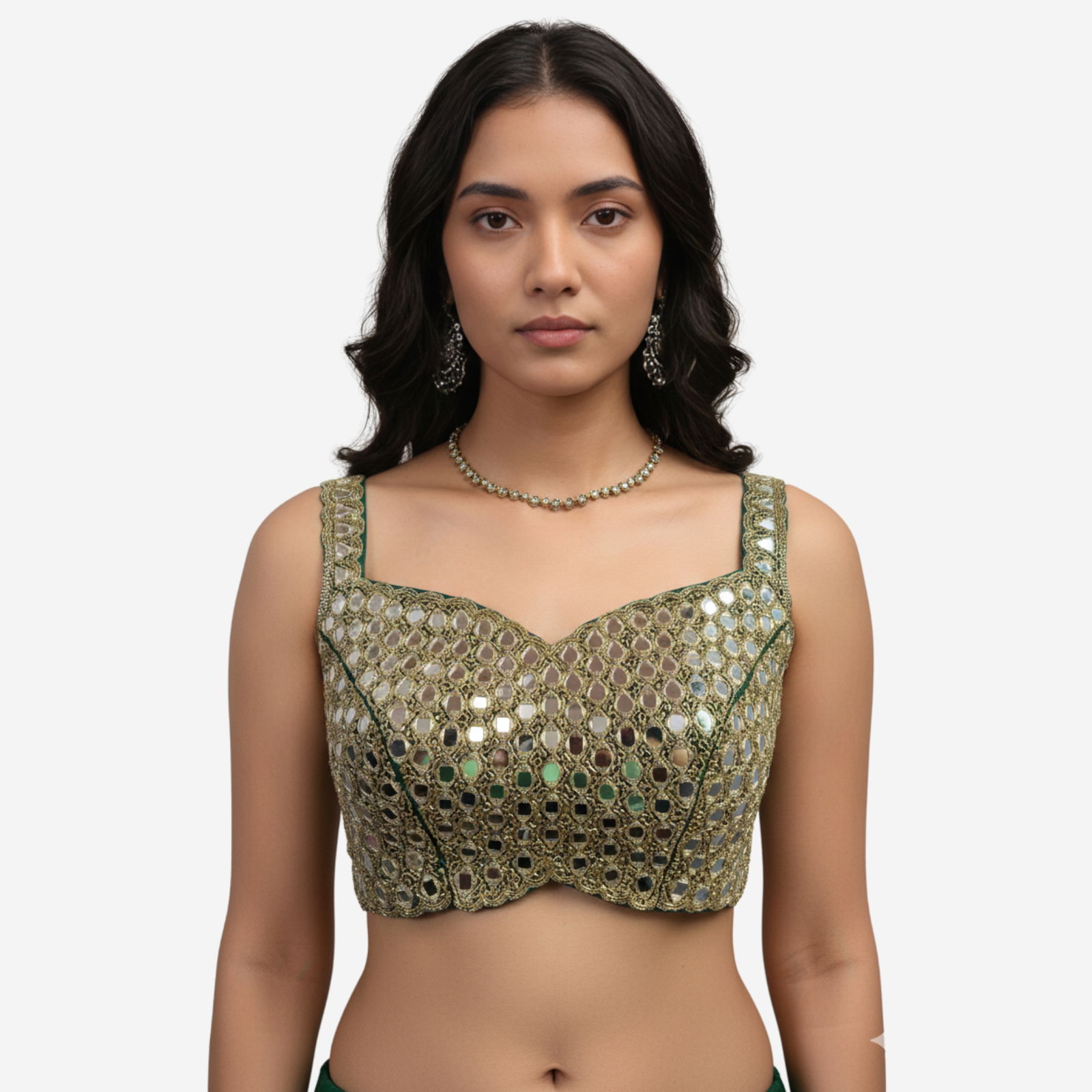 Real Mirror Handwork Green Silk Partywear Blouse