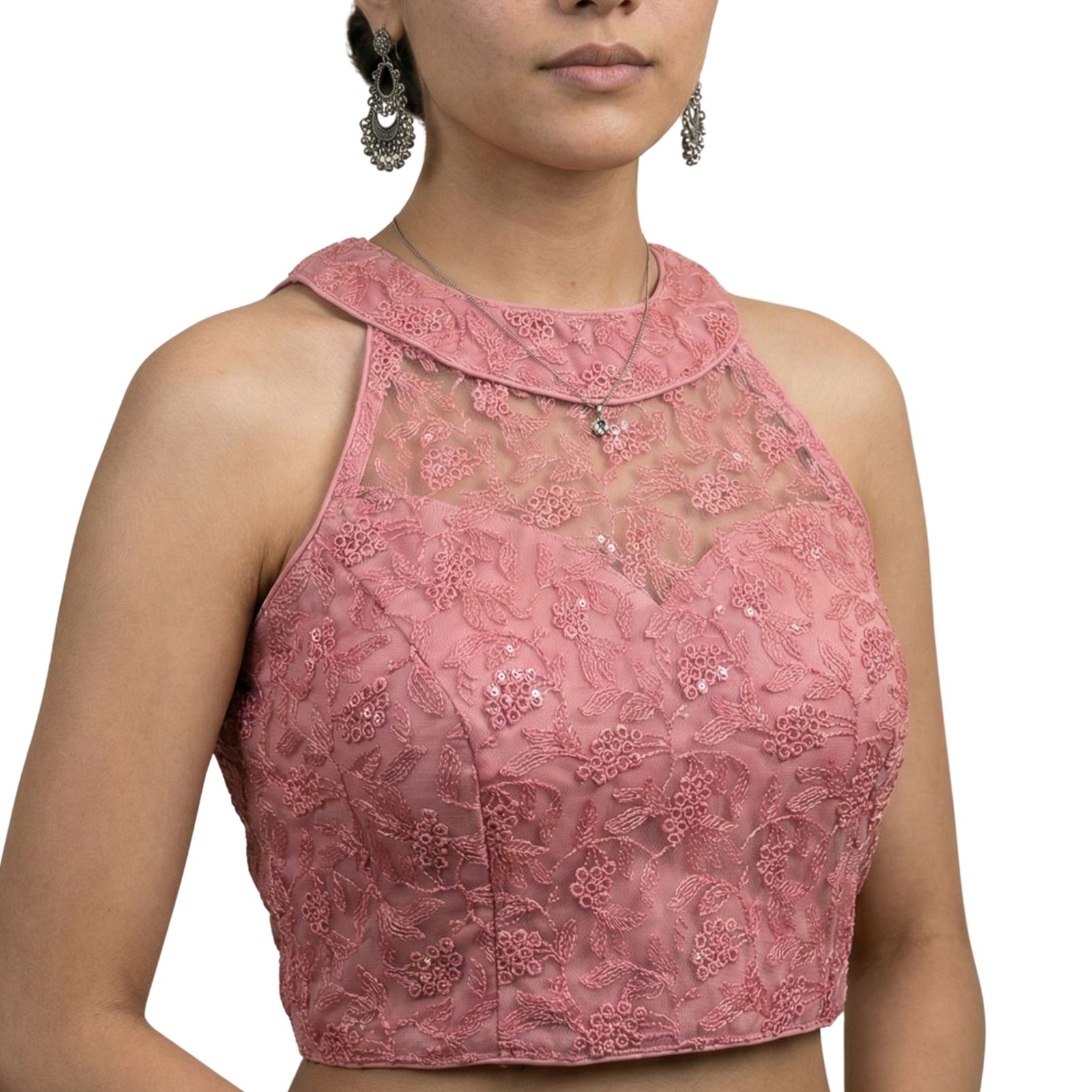 Pink Halter Neck Heavy Thread Work Net Blouse