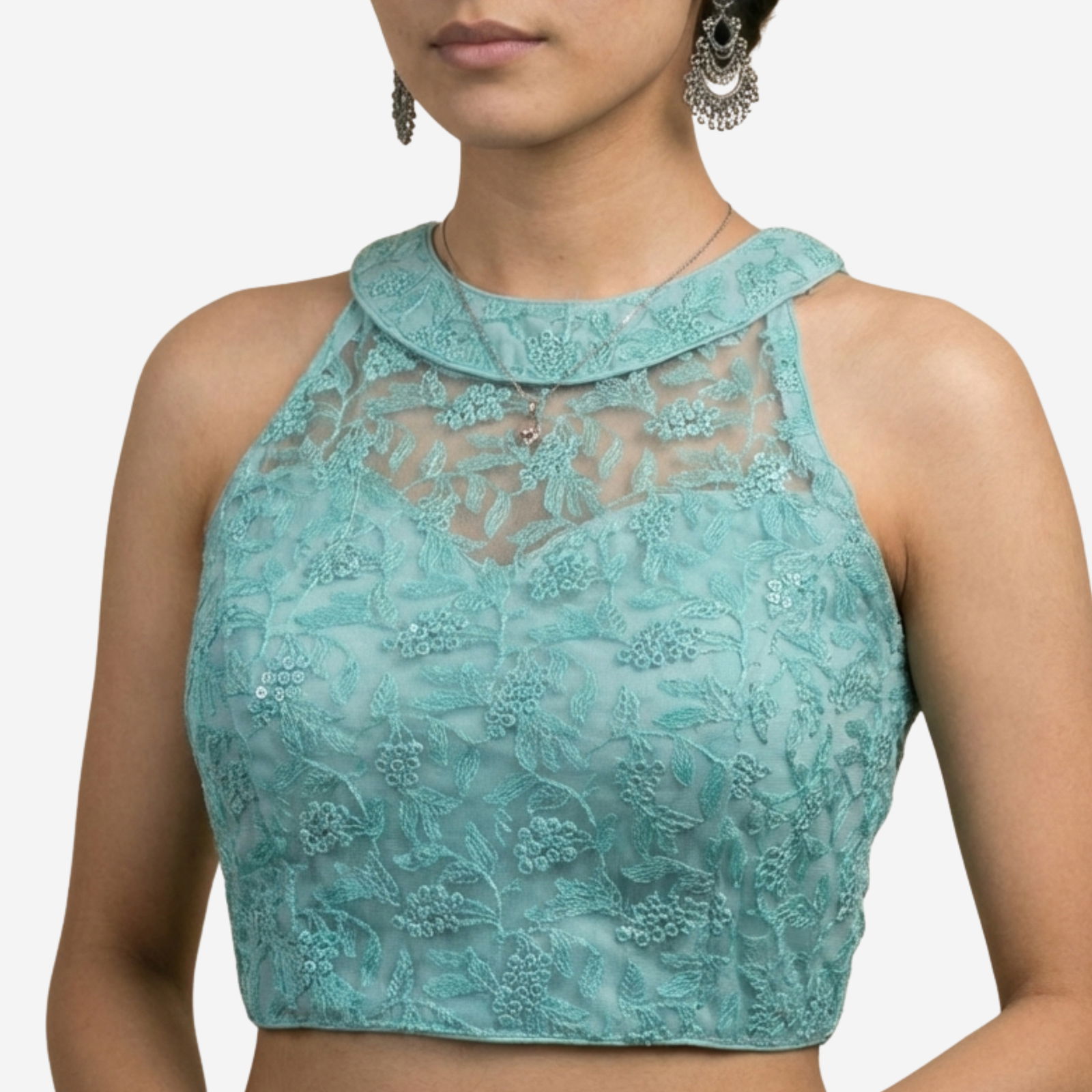 Rama Halter Neck Heavy Thread Work Net Blouse