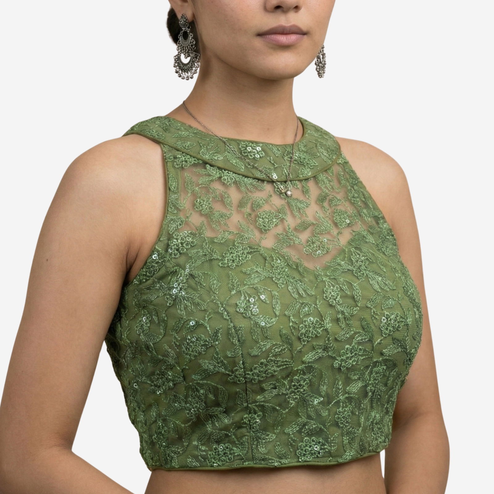 Green Halter Neck Heavy Thread Work Net Blouse