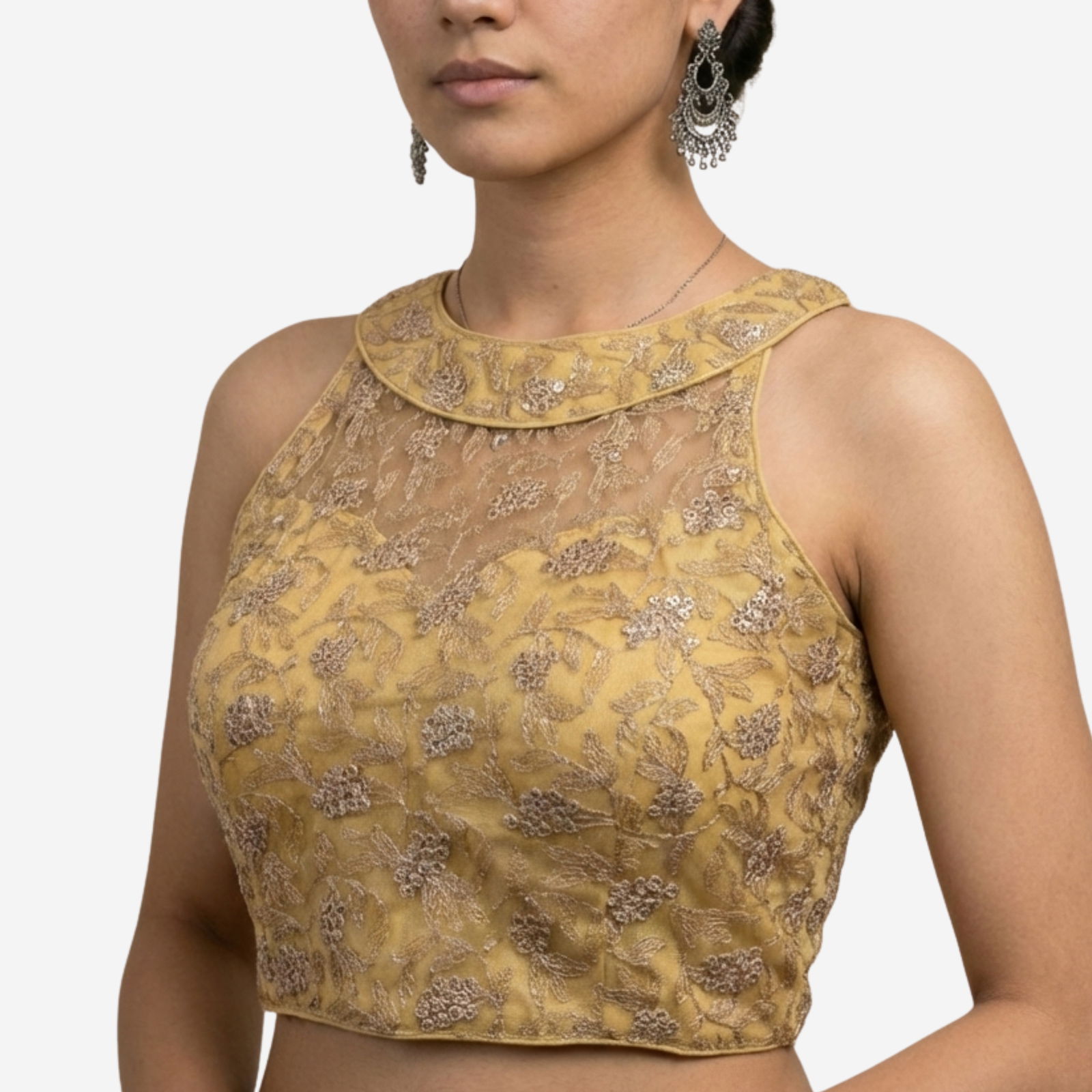 Gold Halter Neck Heavy Thread Work Net Blouse
