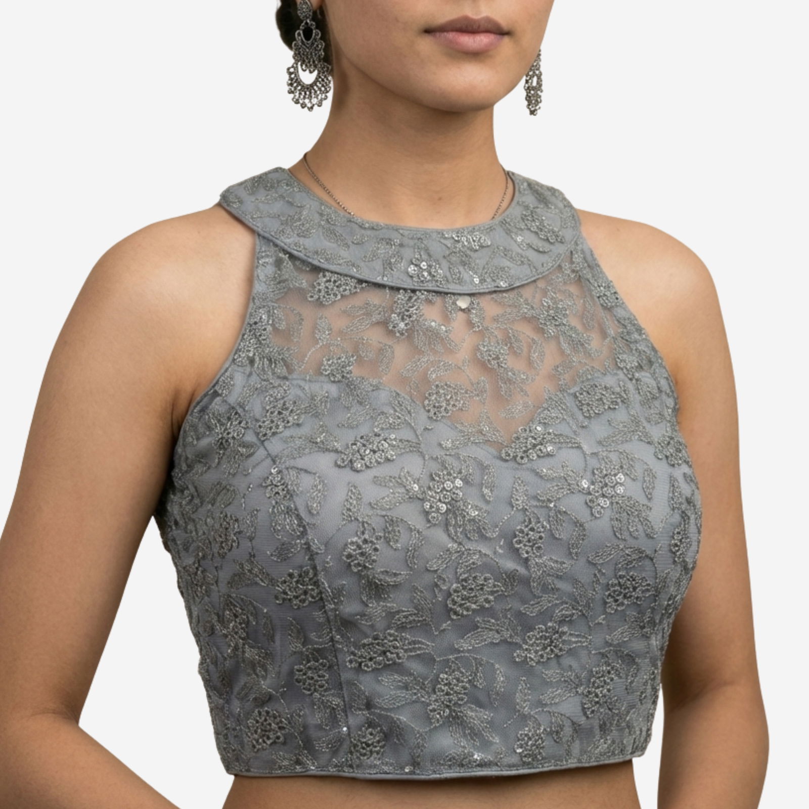 Grey Halter Neck Heavy Thread Work Net Blouse